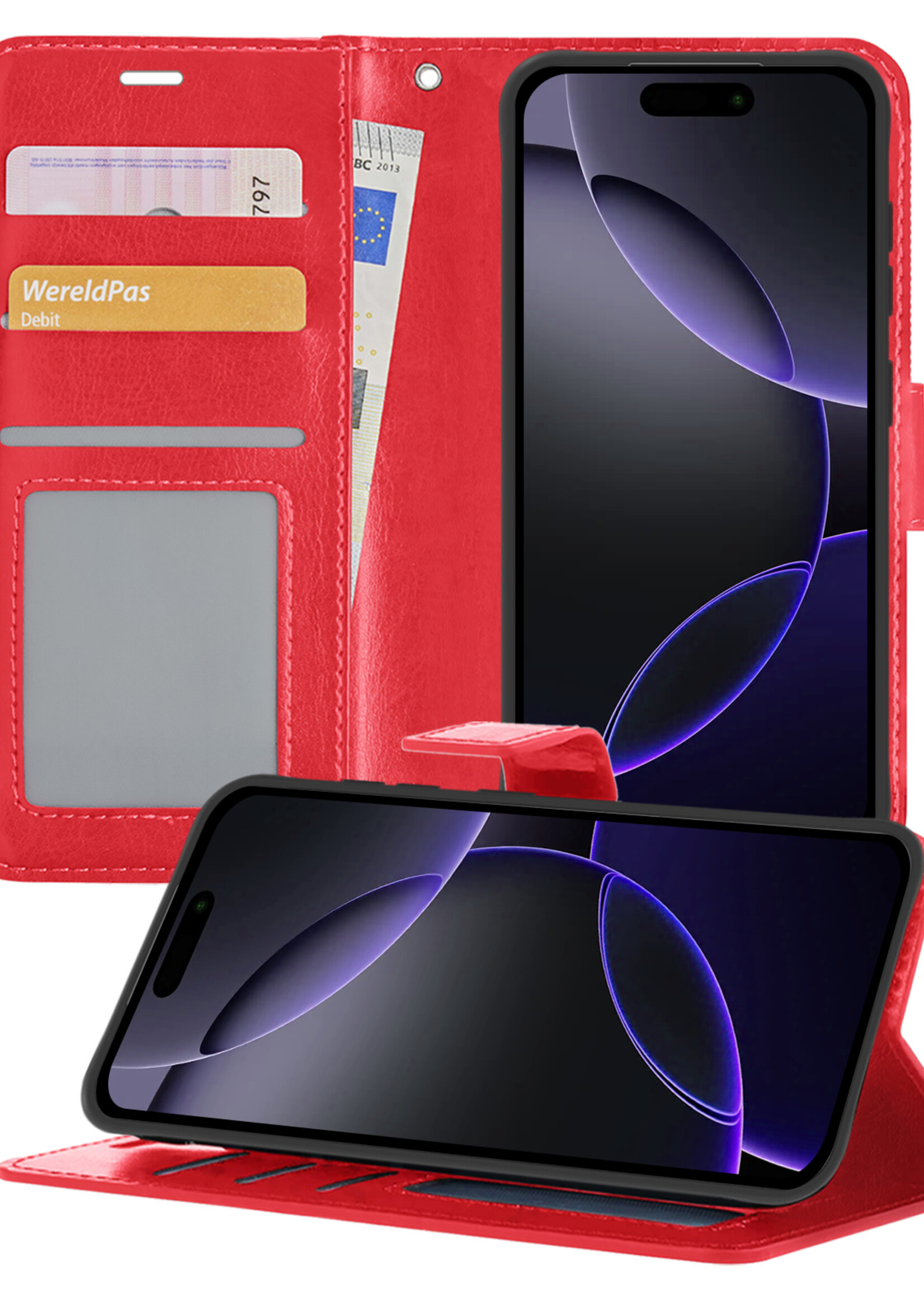 BTH Hoesje Geschikt voor iPhone 16 Pro Hoesje Book Case Hoes Portemonnee Cover Walletcase - Hoes Geschikt voor iPhone 16 Pro Hoes Bookcase Hoesje - Rood
