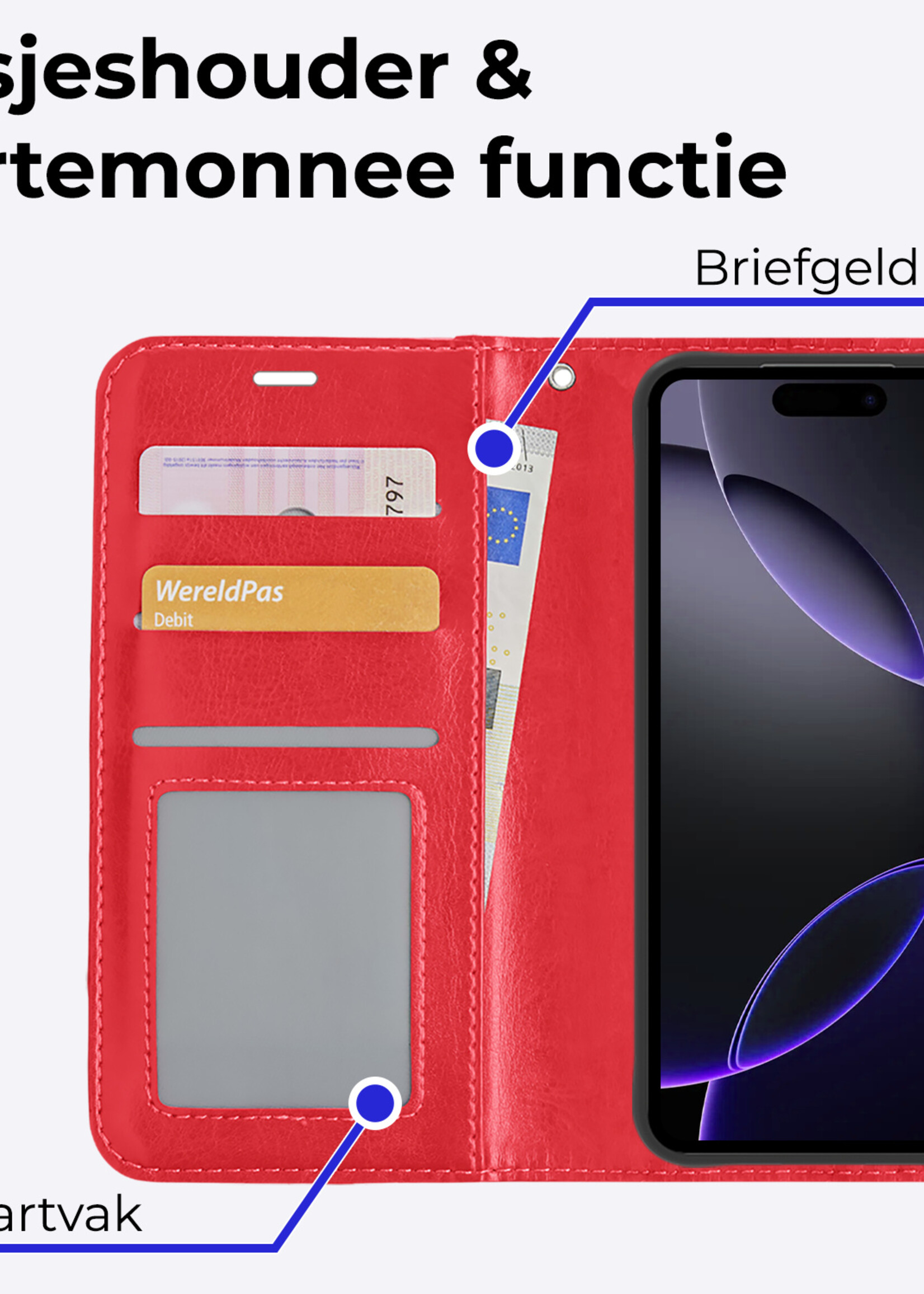 BTH Hoesje Geschikt voor iPhone 16 Pro Hoesje Book Case Hoes Portemonnee Cover Walletcase - Hoes Geschikt voor iPhone 16 Pro Hoes Bookcase Hoesje - Rood