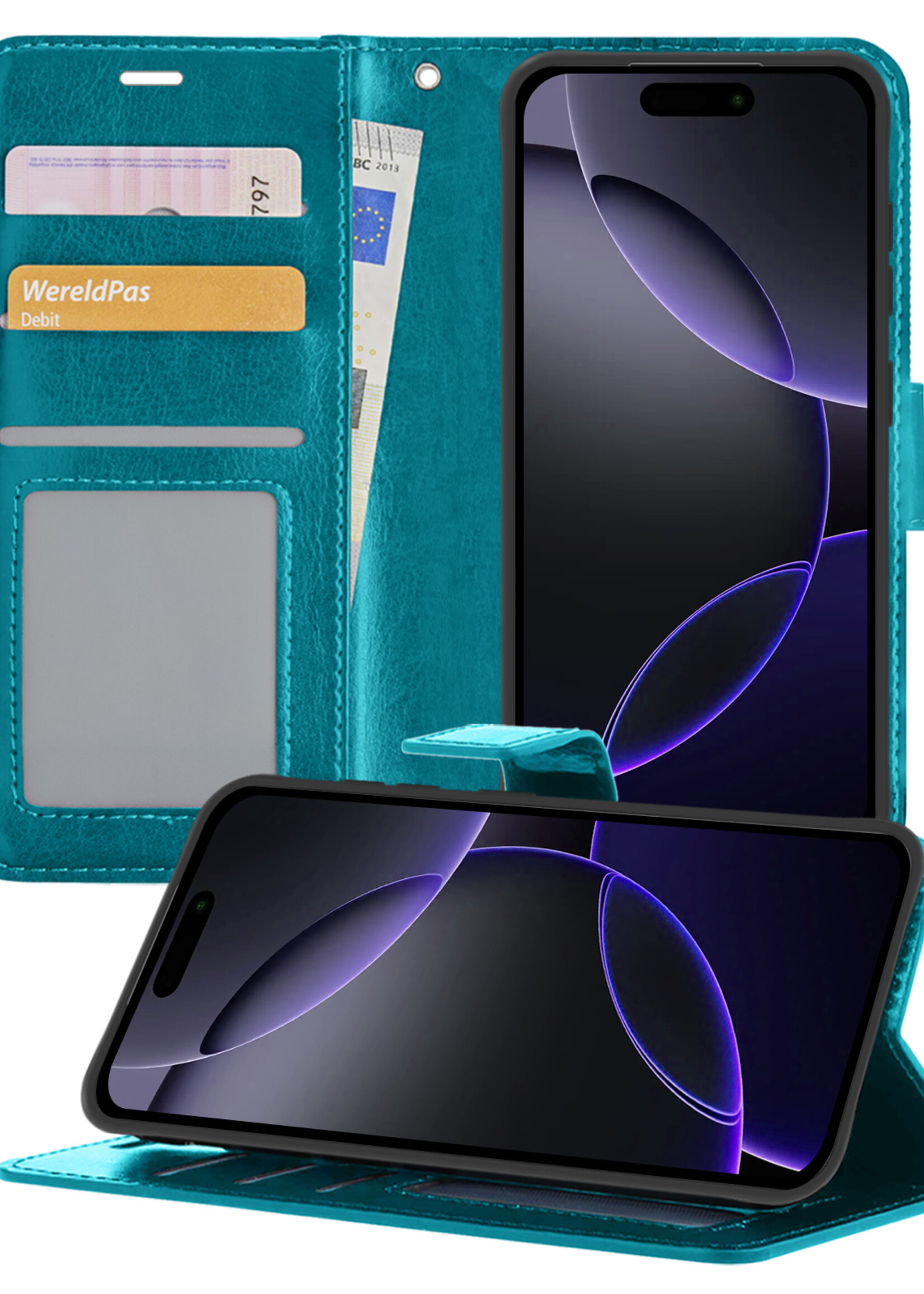 BTH Hoesje Geschikt voor iPhone 16 Pro Hoesje Book Case Hoes Portemonnee Cover Walletcase - Hoes Geschikt voor iPhone 16 Pro Hoes Bookcase Hoesje - Turquoise