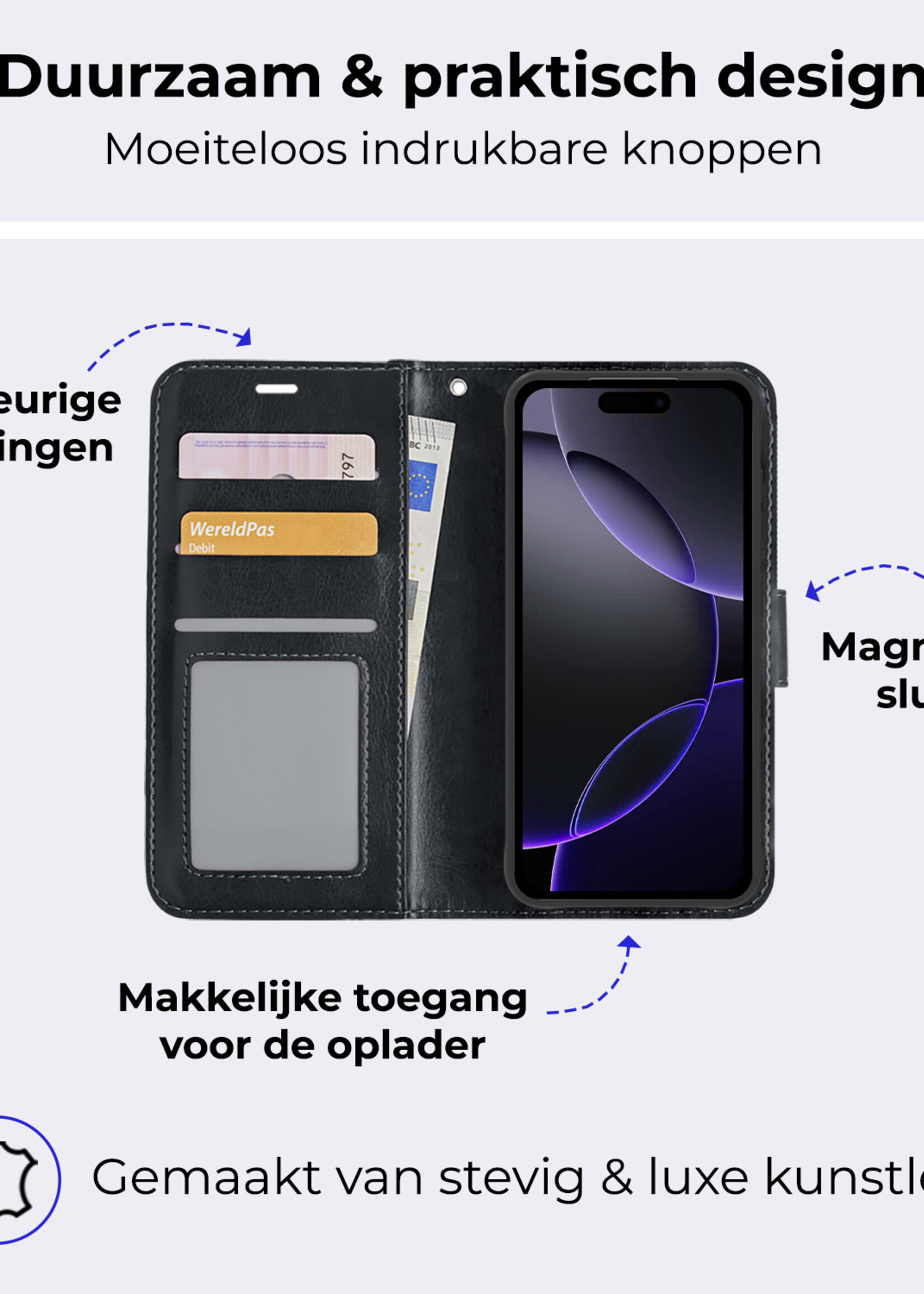 BTH Hoesje Geschikt voor iPhone 16 Pro Hoesje Book Case Hoes Portemonnee Cover Walletcase - Hoes Geschikt voor iPhone 16 Pro Hoes Bookcase Hoesje - Zwart