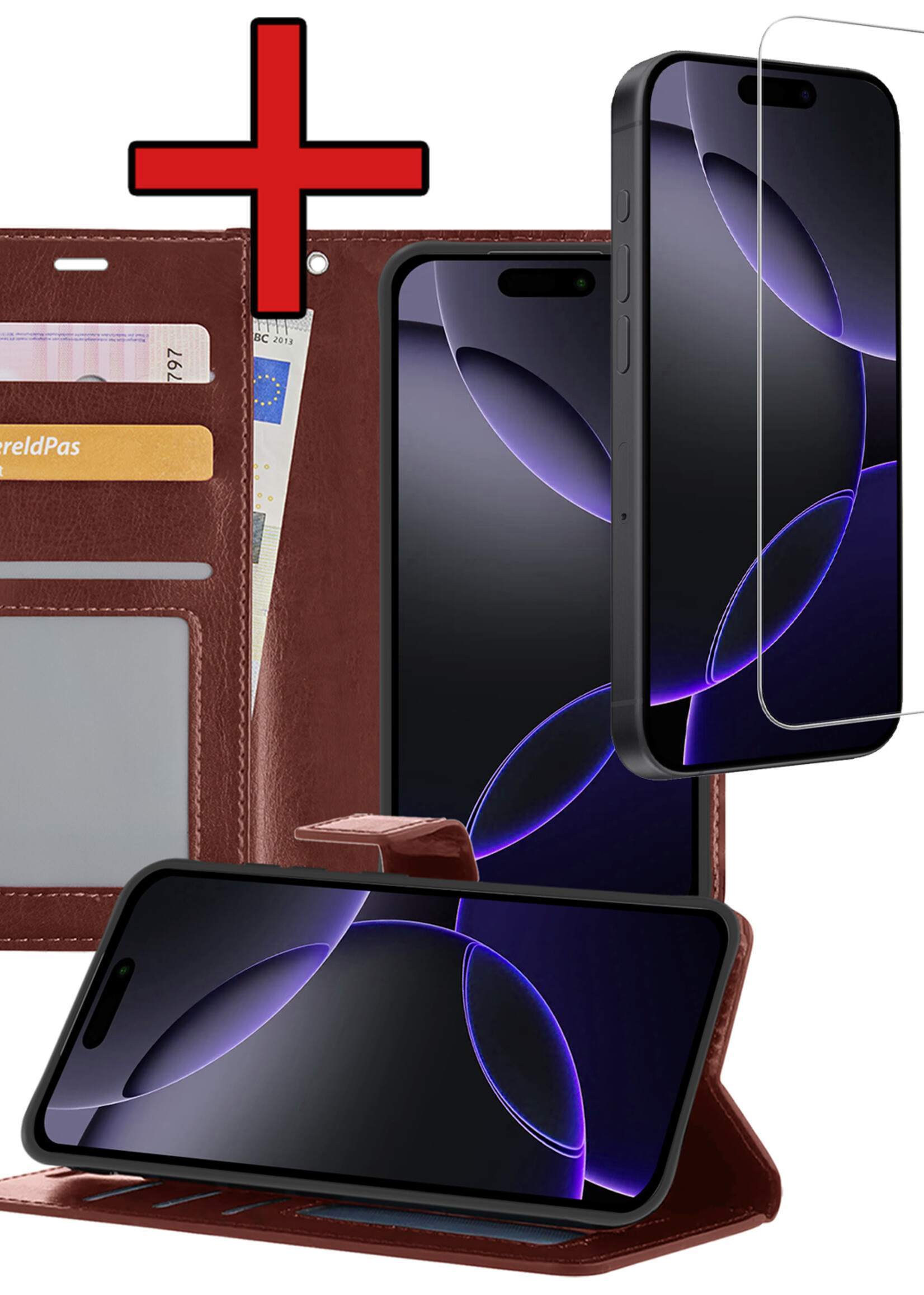 BTH Hoesje Geschikt voor iPhone 16 Pro Hoesje Book Case Hoes Portemonnee Cover Walletcase Met Screenprotector - Hoes Geschikt voor iPhone 16 Pro Hoes Bookcase Hoesje - Bruin