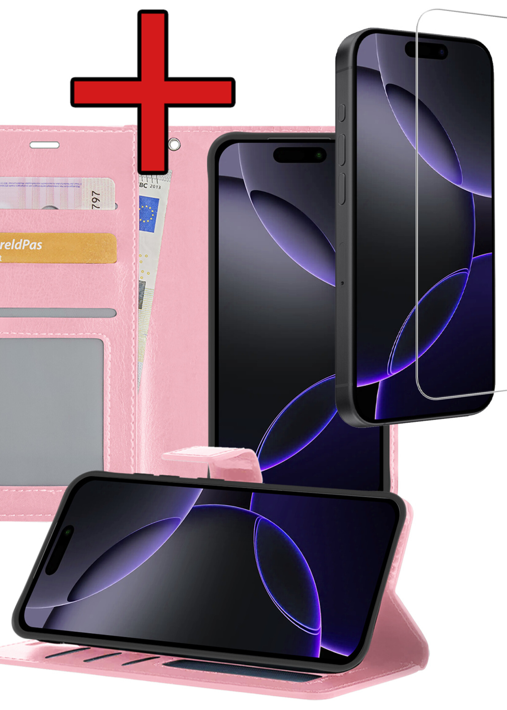 BTH Hoesje Geschikt voor iPhone 16 Pro Hoesje Book Case Hoes Portemonnee Cover Walletcase Met Screenprotector - Hoes Geschikt voor iPhone 16 Pro Hoes Bookcase Hoesje - Lichtroze