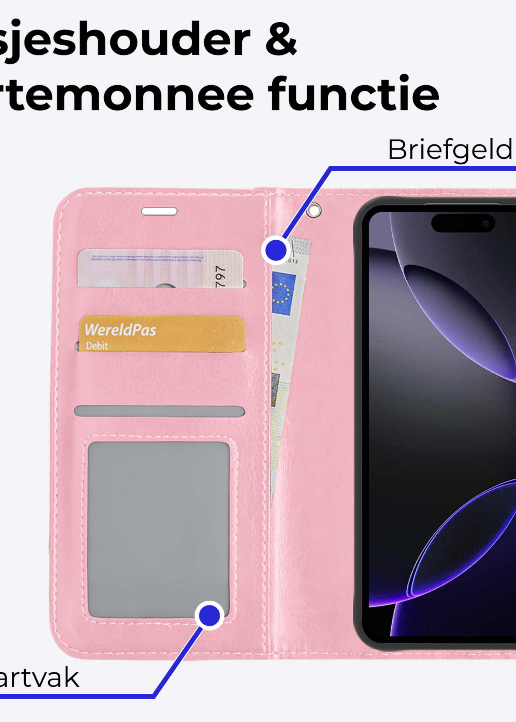 BTH Hoesje Geschikt voor iPhone 16 Pro Hoesje Book Case Hoes Portemonnee Cover Walletcase Met Screenprotector - Hoes Geschikt voor iPhone 16 Pro Hoes Bookcase Hoesje - Lichtroze