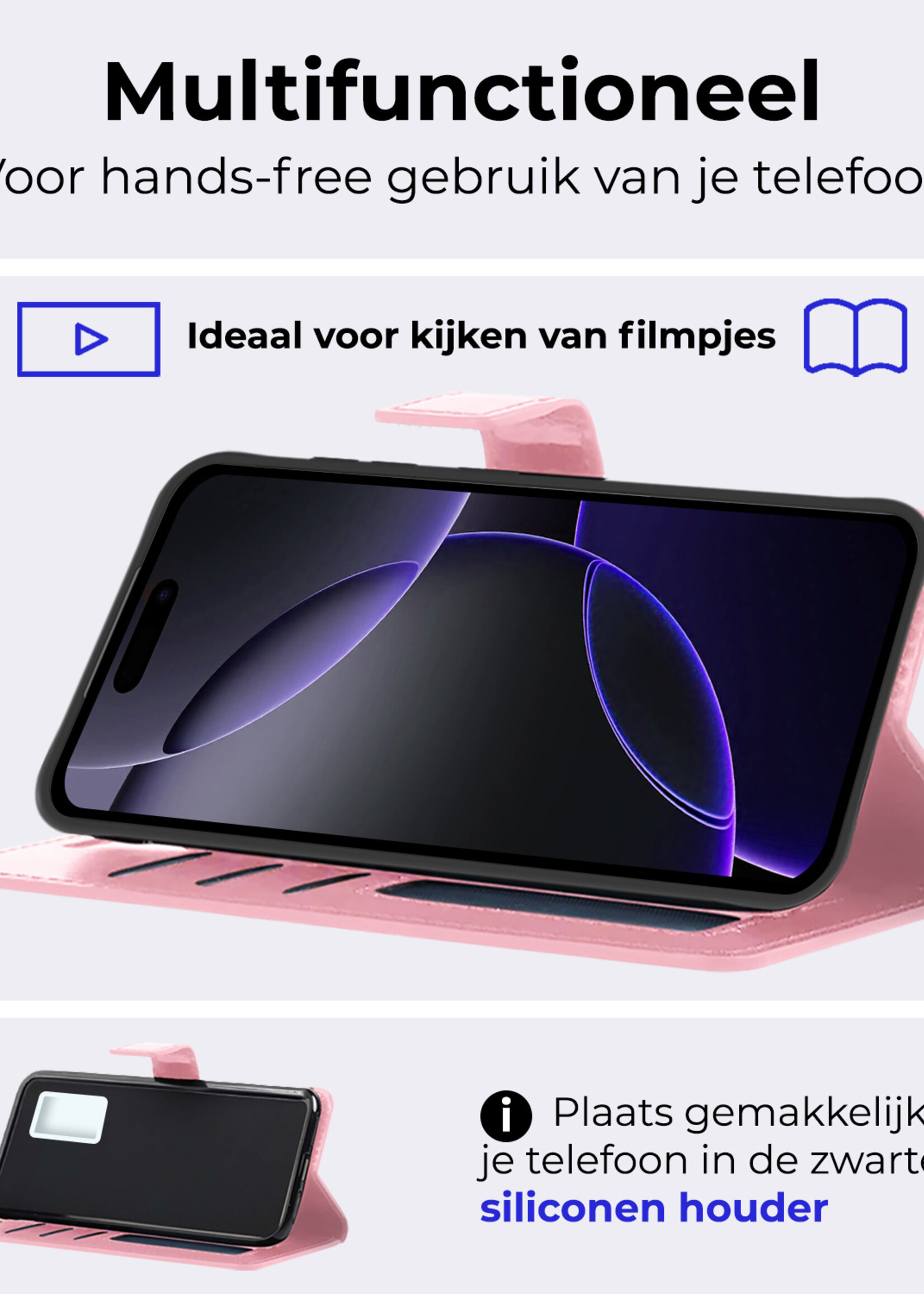 BTH Hoesje Geschikt voor iPhone 16 Pro Hoesje Book Case Hoes Portemonnee Cover Walletcase Met Screenprotector - Hoes Geschikt voor iPhone 16 Pro Hoes Bookcase Hoesje - Lichtroze