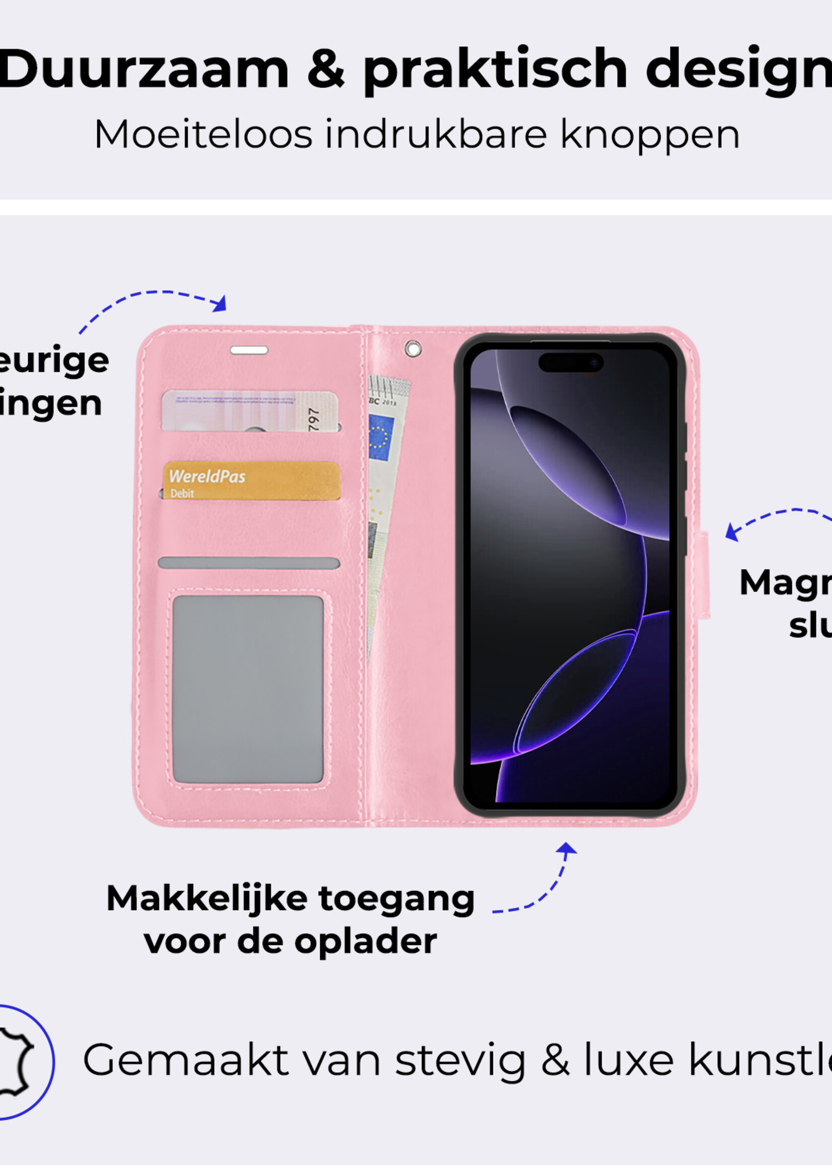 BTH Hoesje Geschikt voor iPhone 16 Pro Hoesje Book Case Hoes Portemonnee Cover Walletcase Met Screenprotector - Hoes Geschikt voor iPhone 16 Pro Hoes Bookcase Hoesje - Lichtroze