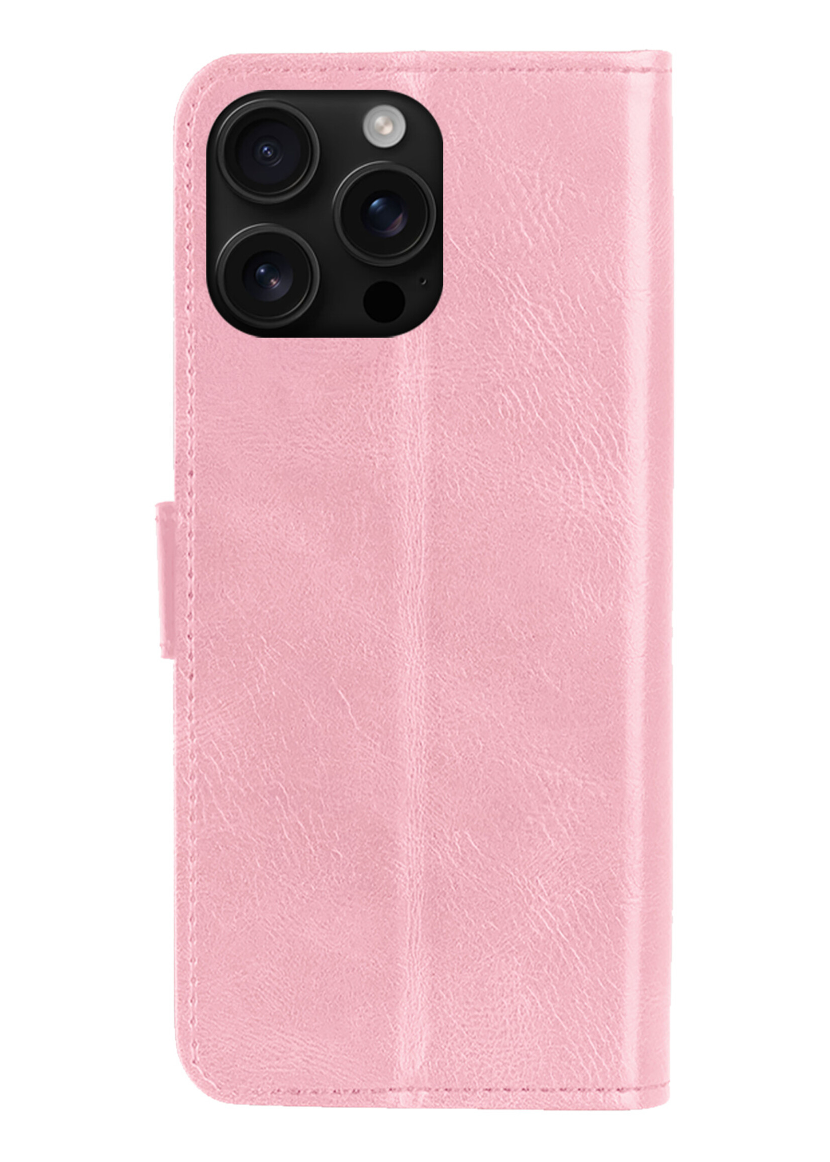 BTH Hoesje Geschikt voor iPhone 16 Pro Hoesje Book Case Hoes Portemonnee Cover Walletcase Met Screenprotector - Hoes Geschikt voor iPhone 16 Pro Hoes Bookcase Hoesje - Lichtroze