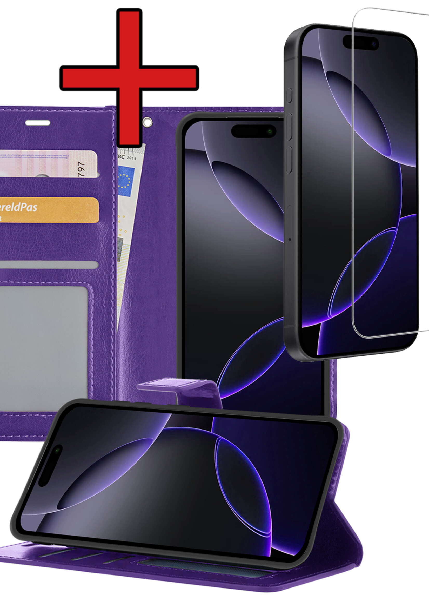 BTH Hoesje Geschikt voor iPhone 16 Pro Hoesje Book Case Hoes Portemonnee Cover Walletcase Met Screenprotector - Hoes Geschikt voor iPhone 16 Pro Hoes Bookcase Hoesje - Paars