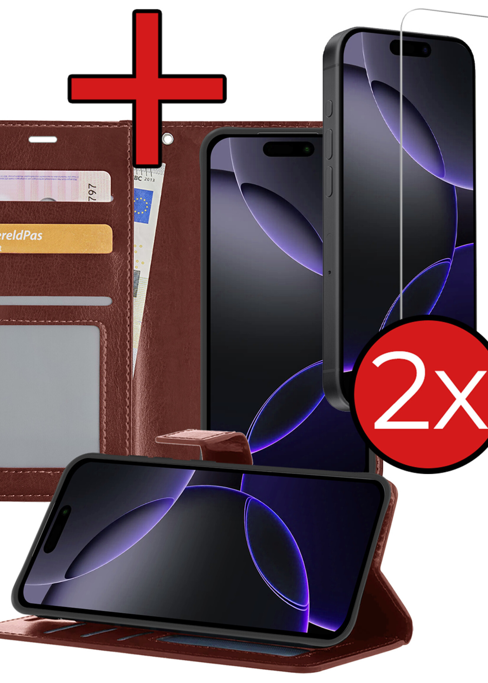 BTH Hoesje Geschikt voor iPhone 16 Pro Hoesje Book Case Hoes Portemonnee Cover Walletcase Met 2x Screenprotector - Hoes Geschikt voor iPhone 16 Pro Hoes Bookcase Hoesje - Bruin