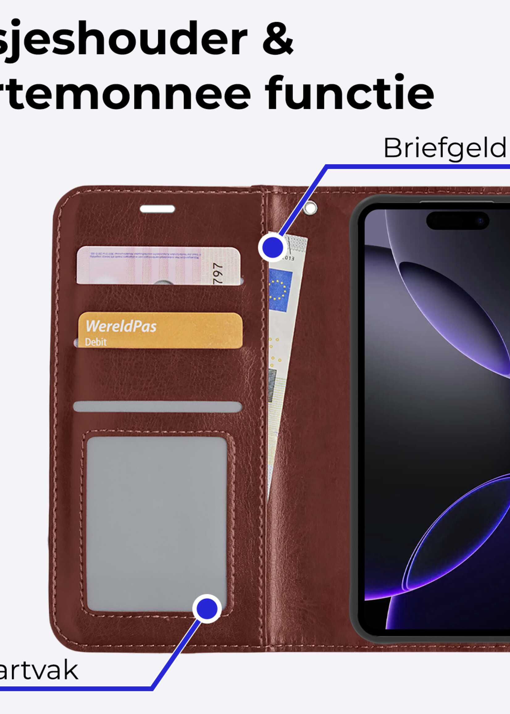 BTH Hoesje Geschikt voor iPhone 16 Pro Hoesje Book Case Hoes Portemonnee Cover Walletcase Met 2x Screenprotector - Hoes Geschikt voor iPhone 16 Pro Hoes Bookcase Hoesje - Bruin