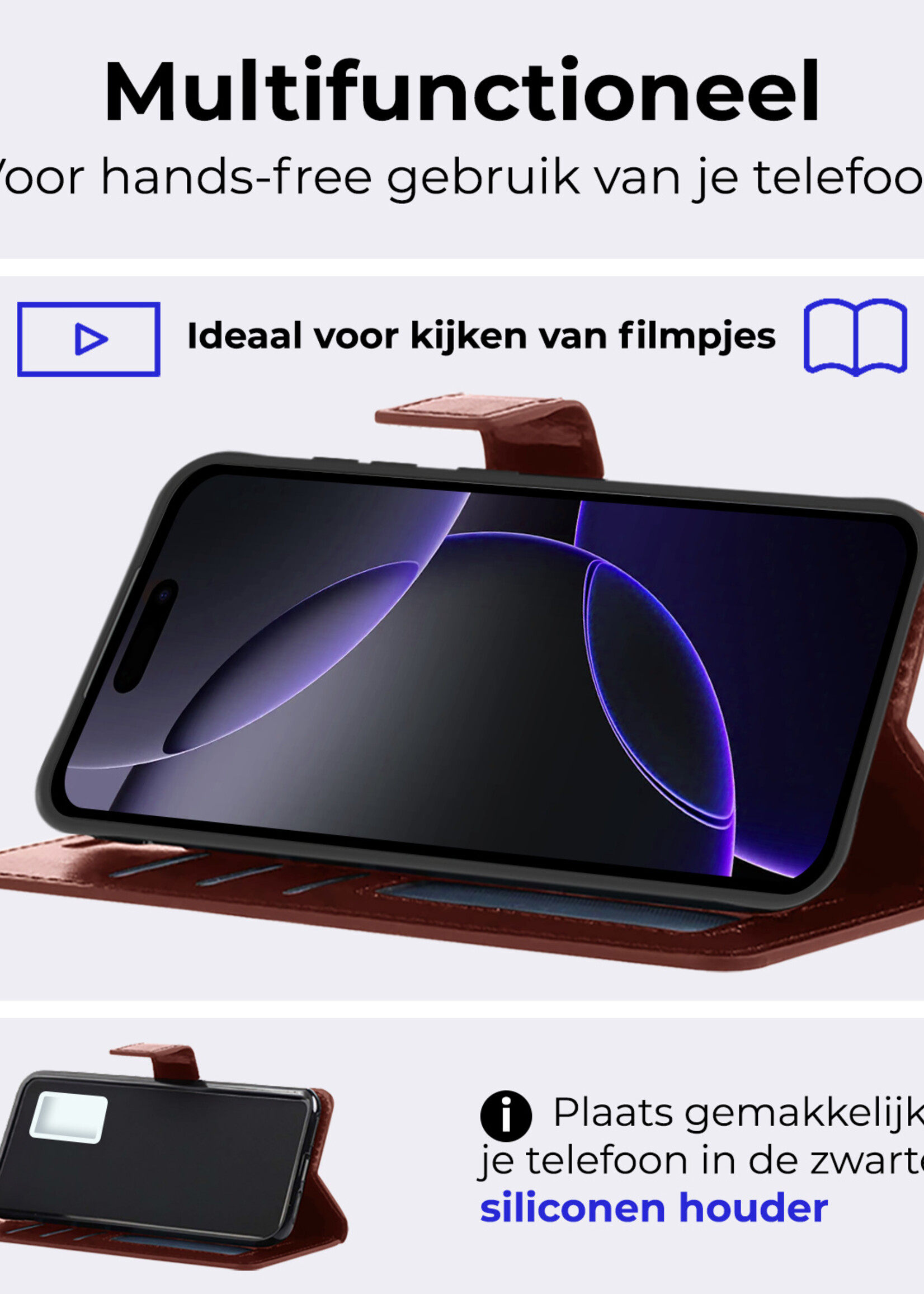 BTH Hoesje Geschikt voor iPhone 16 Pro Hoesje Book Case Hoes Portemonnee Cover Walletcase Met 2x Screenprotector - Hoes Geschikt voor iPhone 16 Pro Hoes Bookcase Hoesje - Bruin