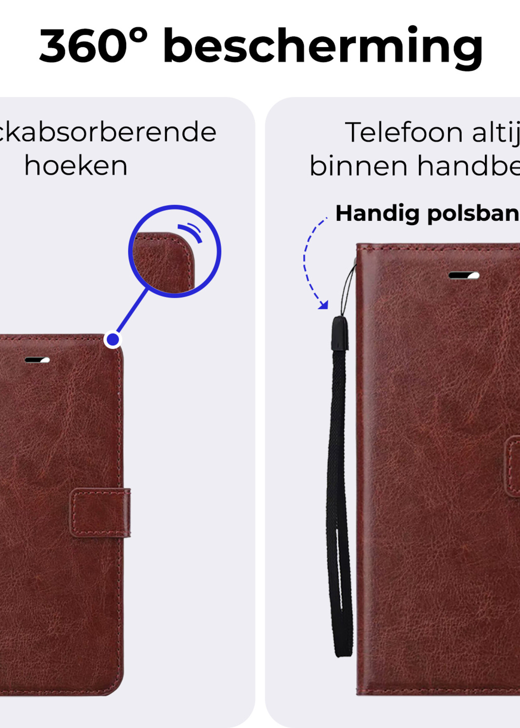BTH Hoesje Geschikt voor iPhone 16 Pro Hoesje Book Case Hoes Portemonnee Cover Walletcase Met 2x Screenprotector - Hoes Geschikt voor iPhone 16 Pro Hoes Bookcase Hoesje - Bruin