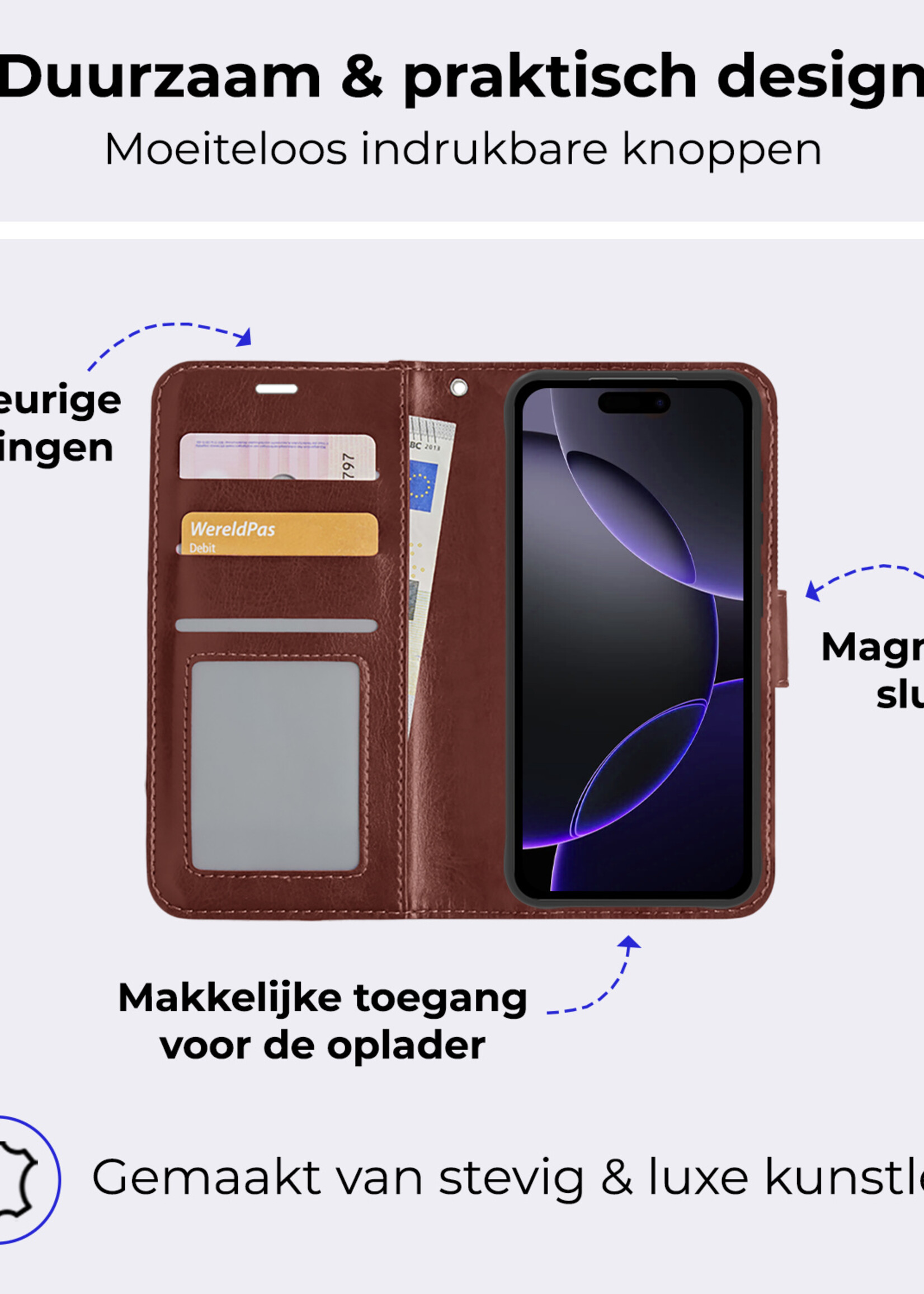 BTH Hoesje Geschikt voor iPhone 16 Pro Hoesje Book Case Hoes Portemonnee Cover Walletcase Met 2x Screenprotector - Hoes Geschikt voor iPhone 16 Pro Hoes Bookcase Hoesje - Bruin