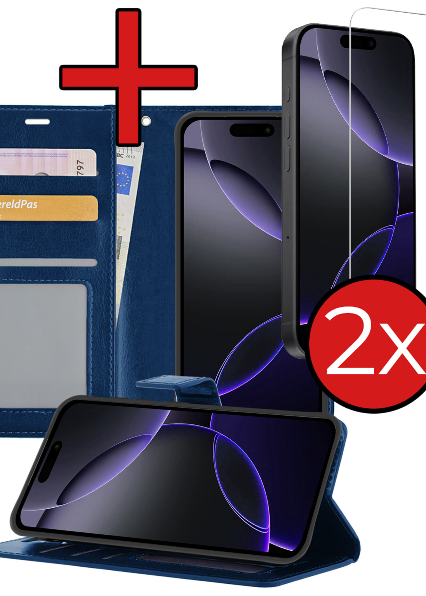 BTH Hoesje Geschikt voor iPhone 16 Pro Hoesje Book Case Hoes Portemonnee Cover Walletcase Met 2x Screenprotector - Hoes Geschikt voor iPhone 16 Pro Hoes Bookcase Hoesje - Donkerblauw