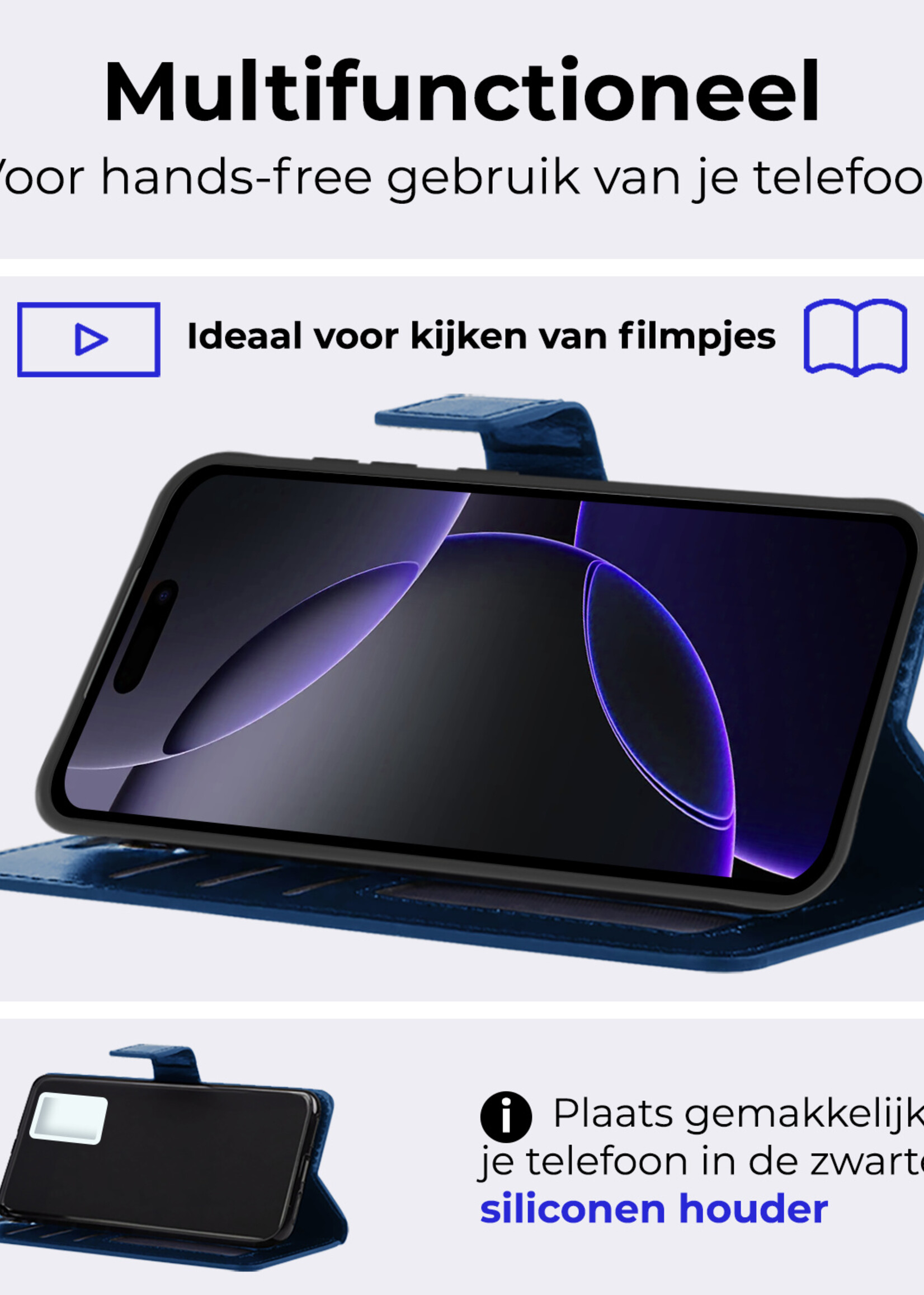 BTH Hoesje Geschikt voor iPhone 16 Pro Hoesje Book Case Hoes Portemonnee Cover Walletcase Met 2x Screenprotector - Hoes Geschikt voor iPhone 16 Pro Hoes Bookcase Hoesje - Donkerblauw