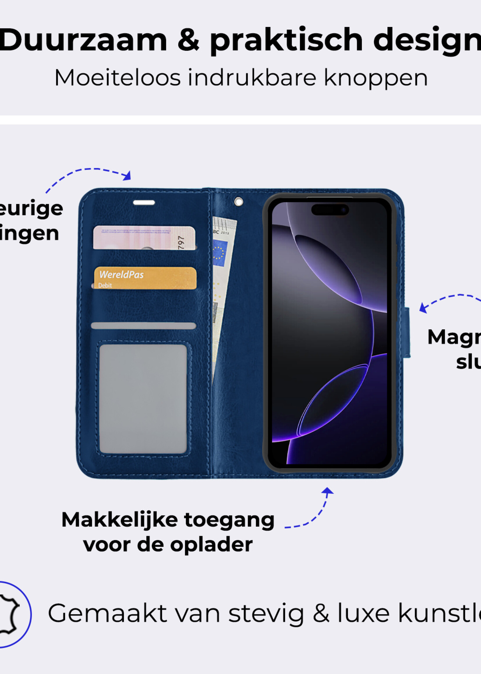 BTH Hoesje Geschikt voor iPhone 16 Pro Hoesje Book Case Hoes Portemonnee Cover Walletcase Met 2x Screenprotector - Hoes Geschikt voor iPhone 16 Pro Hoes Bookcase Hoesje - Donkerblauw