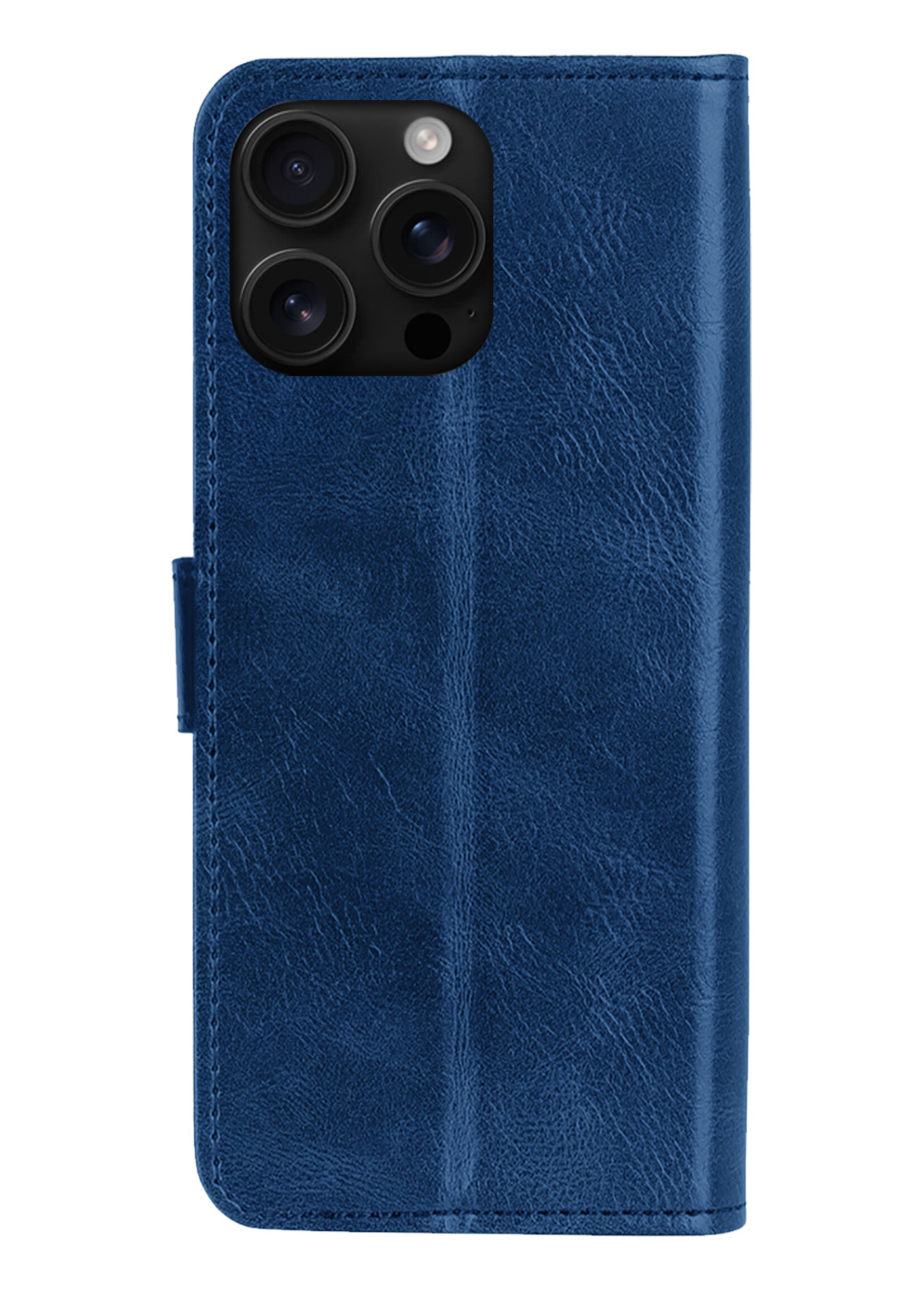 BTH Hoesje Geschikt voor iPhone 16 Pro Hoesje Book Case Hoes Portemonnee Cover Walletcase Met 2x Screenprotector - Hoes Geschikt voor iPhone 16 Pro Hoes Bookcase Hoesje - Donkerblauw