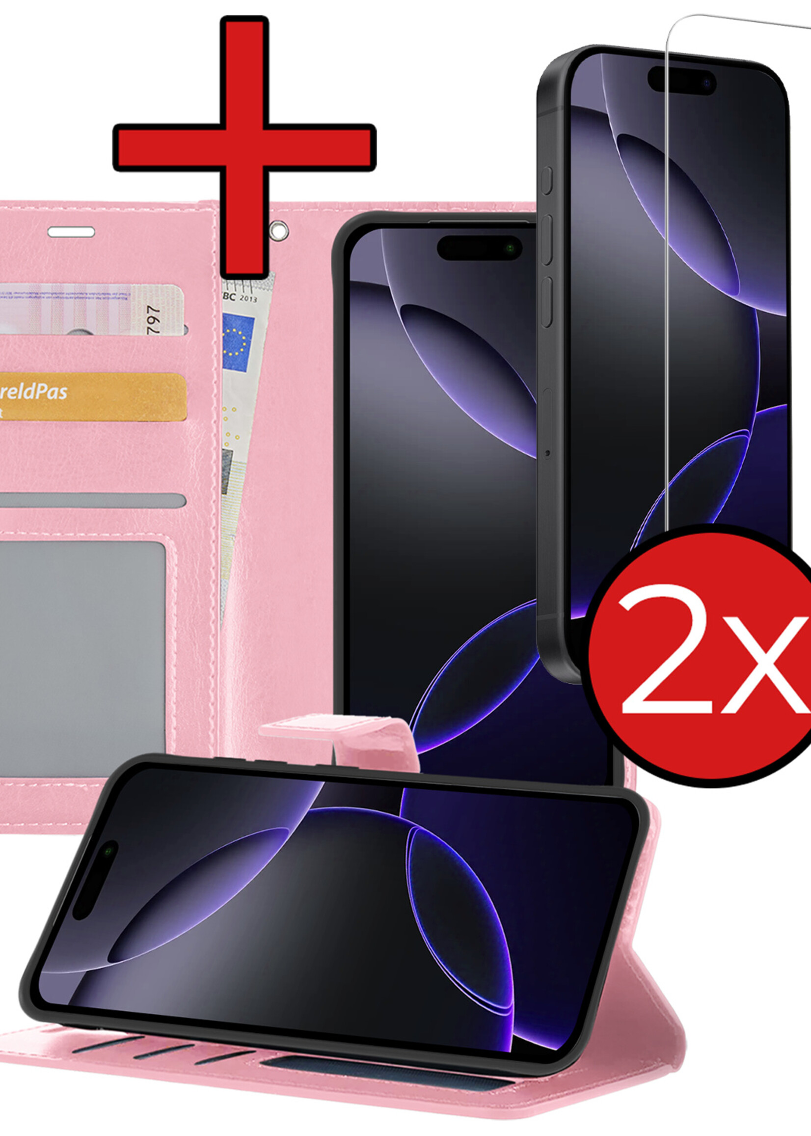 BTH Hoesje Geschikt voor iPhone 16 Pro Hoesje Book Case Hoes Portemonnee Cover Walletcase Met 2x Screenprotector - Hoes Geschikt voor iPhone 16 Pro Hoes Bookcase Hoesje - Lichtroze