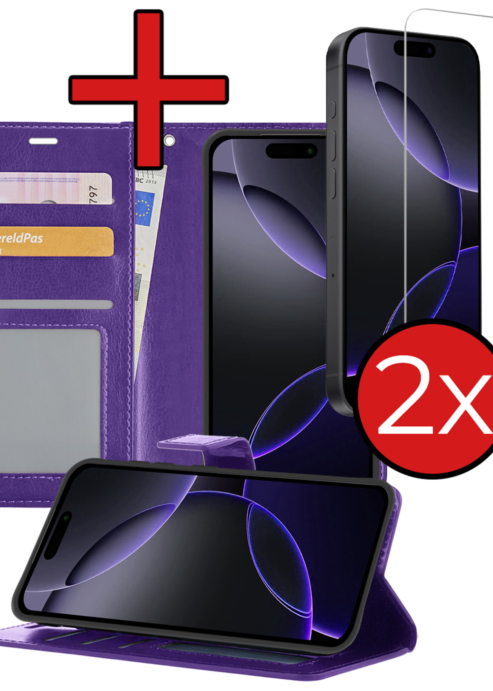 BTH Hoesje Geschikt voor iPhone 16 Pro Hoesje Book Case Hoes Portemonnee Cover Walletcase Met 2x Screenprotector - Hoes Geschikt voor iPhone 16 Pro Hoes Bookcase Hoesje - Paars