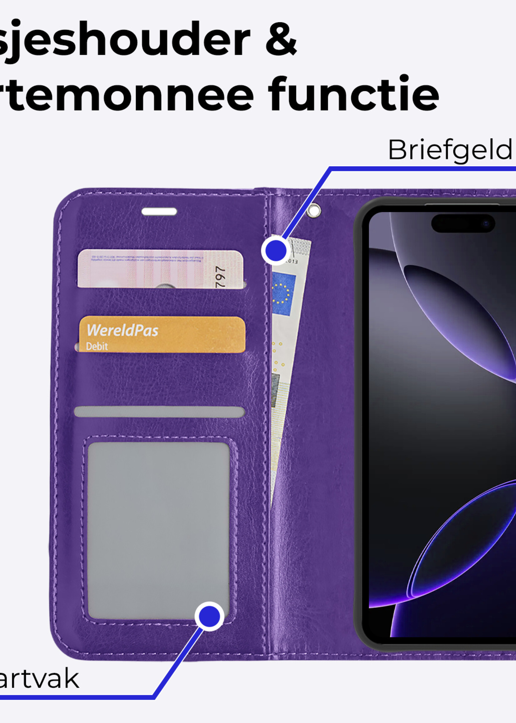 BTH Hoesje Geschikt voor iPhone 16 Pro Hoesje Book Case Hoes Portemonnee Cover Walletcase Met 2x Screenprotector - Hoes Geschikt voor iPhone 16 Pro Hoes Bookcase Hoesje - Paars