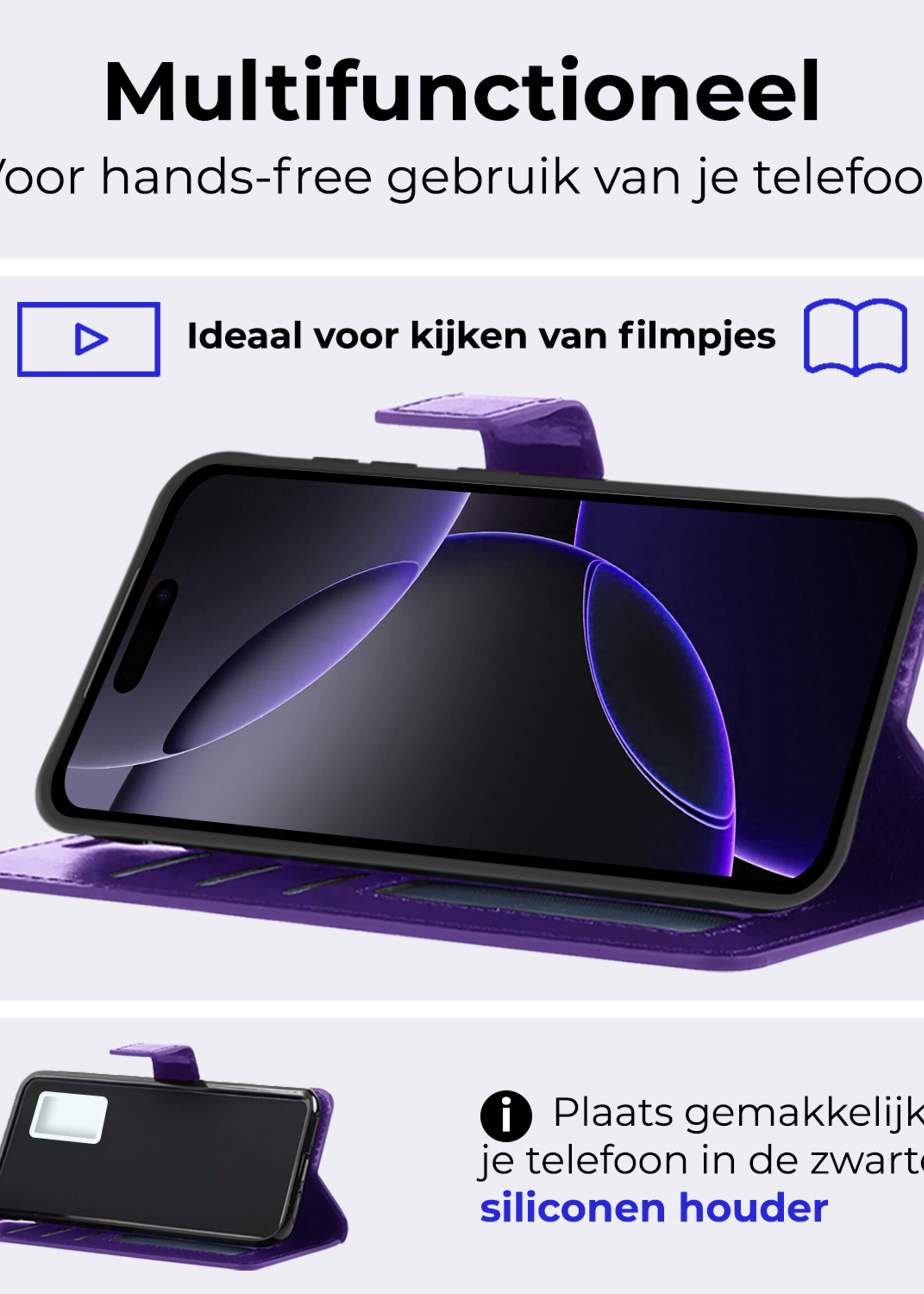 BTH Hoesje Geschikt voor iPhone 16 Pro Hoesje Book Case Hoes Portemonnee Cover Walletcase Met 2x Screenprotector - Hoes Geschikt voor iPhone 16 Pro Hoes Bookcase Hoesje - Paars