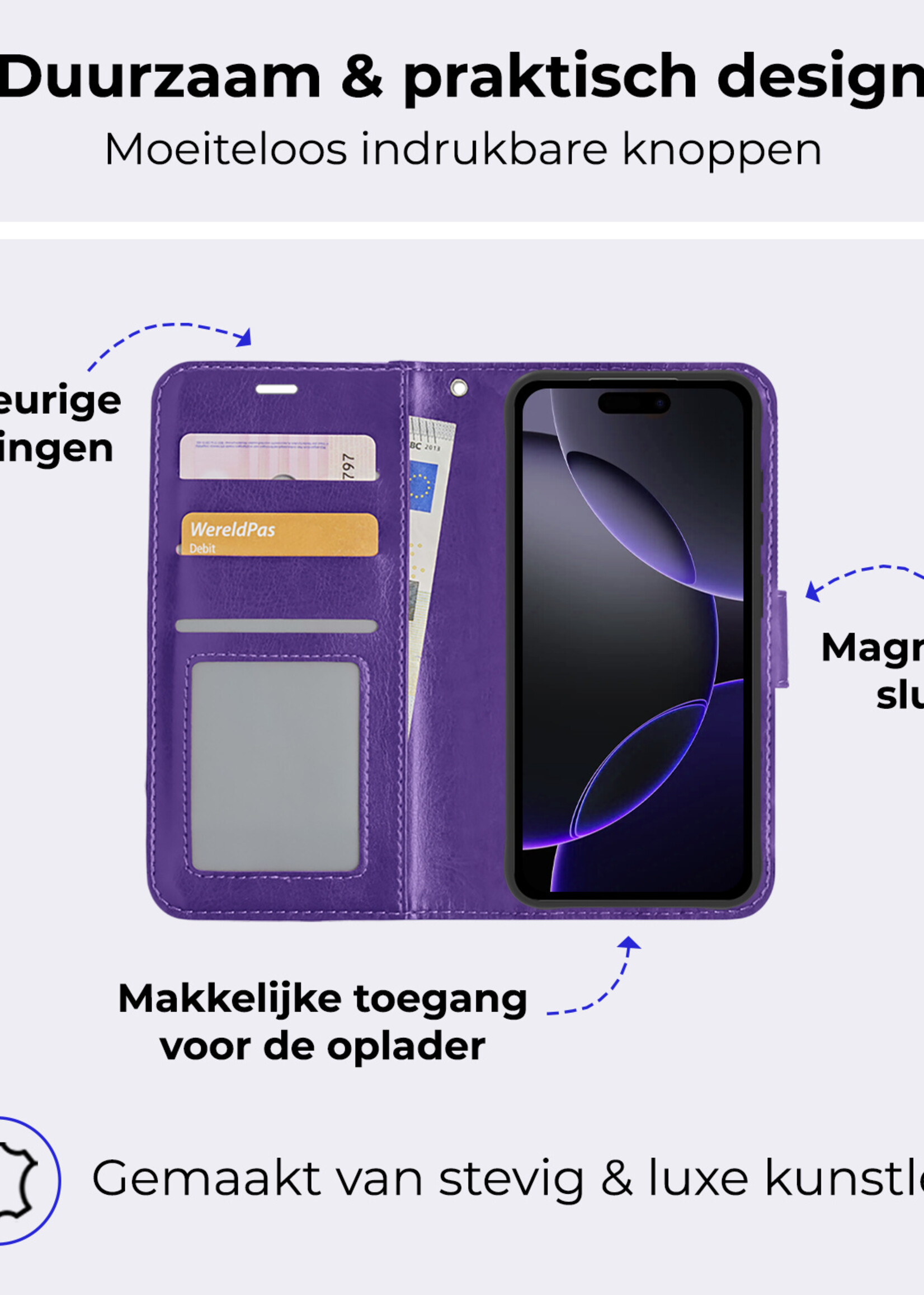 BTH Hoesje Geschikt voor iPhone 16 Pro Hoesje Book Case Hoes Portemonnee Cover Walletcase Met 2x Screenprotector - Hoes Geschikt voor iPhone 16 Pro Hoes Bookcase Hoesje - Paars