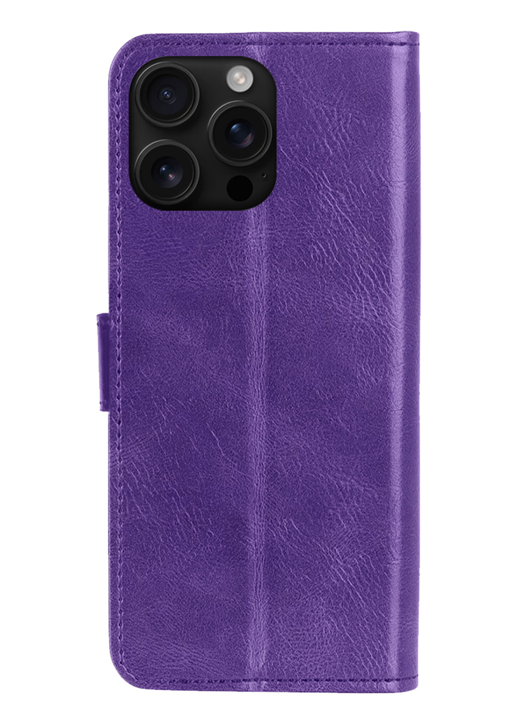 BTH Hoesje Geschikt voor iPhone 16 Pro Hoesje Book Case Hoes Portemonnee Cover Walletcase Met 2x Screenprotector - Hoes Geschikt voor iPhone 16 Pro Hoes Bookcase Hoesje - Paars