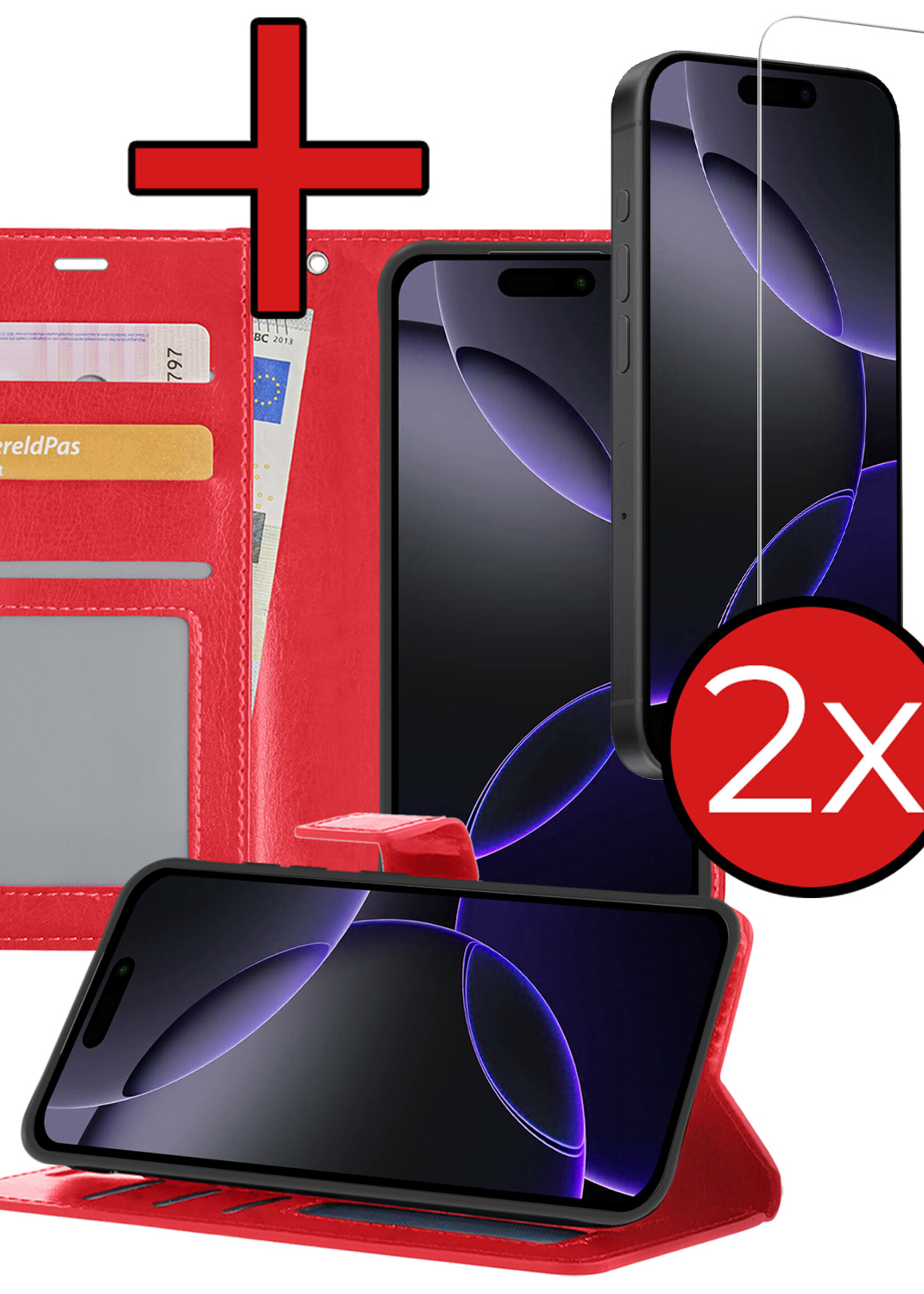 BTH Hoesje Geschikt voor iPhone 16 Pro Hoesje Book Case Hoes Portemonnee Cover Walletcase Met 2x Screenprotector - Hoes Geschikt voor iPhone 16 Pro Hoes Bookcase Hoesje - Rood