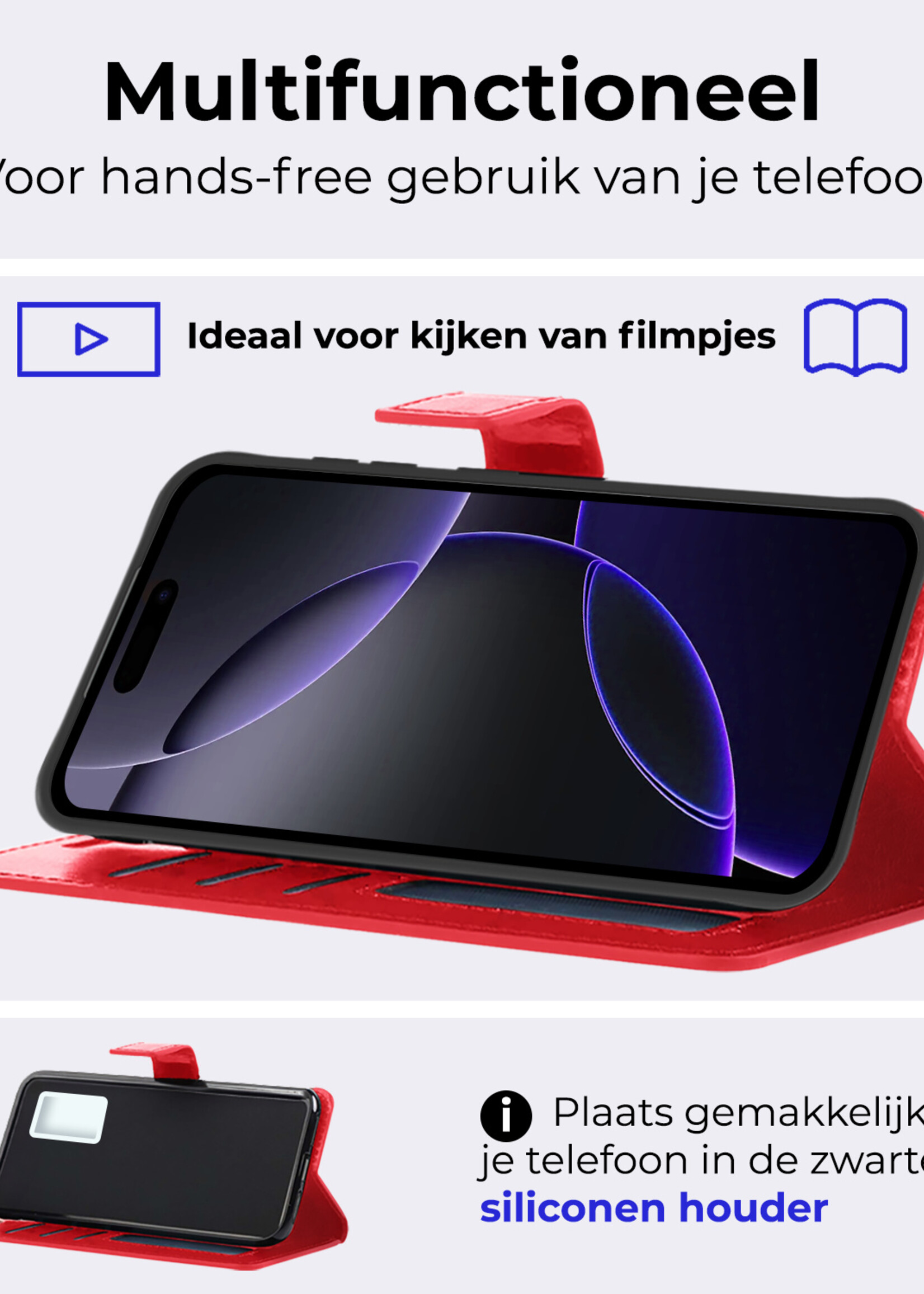 BTH Hoesje Geschikt voor iPhone 16 Pro Hoesje Book Case Hoes Portemonnee Cover Walletcase Met 2x Screenprotector - Hoes Geschikt voor iPhone 16 Pro Hoes Bookcase Hoesje - Rood