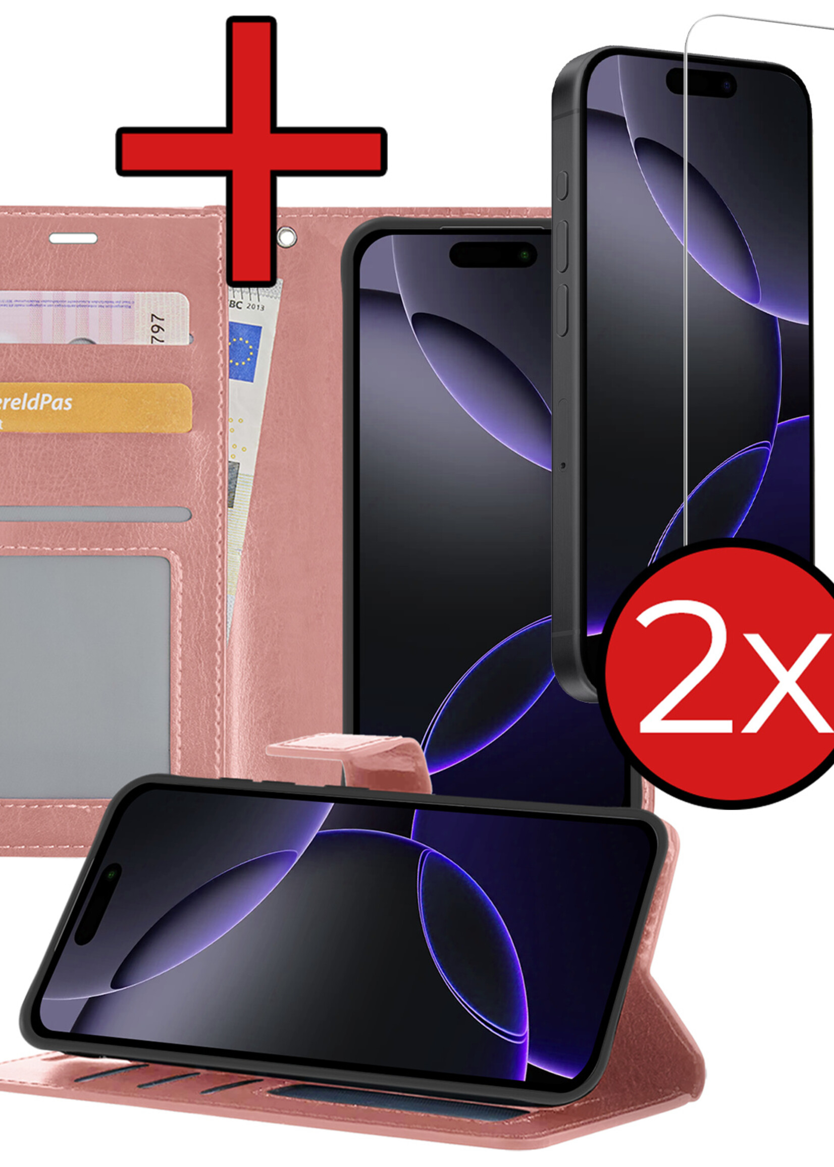 BTH Hoesje Geschikt voor iPhone 16 Pro Hoesje Book Case Hoes Portemonnee Cover Walletcase Met 2x Screenprotector - Hoes Geschikt voor iPhone 16 Pro Hoes Bookcase Hoesje - Rosé goud