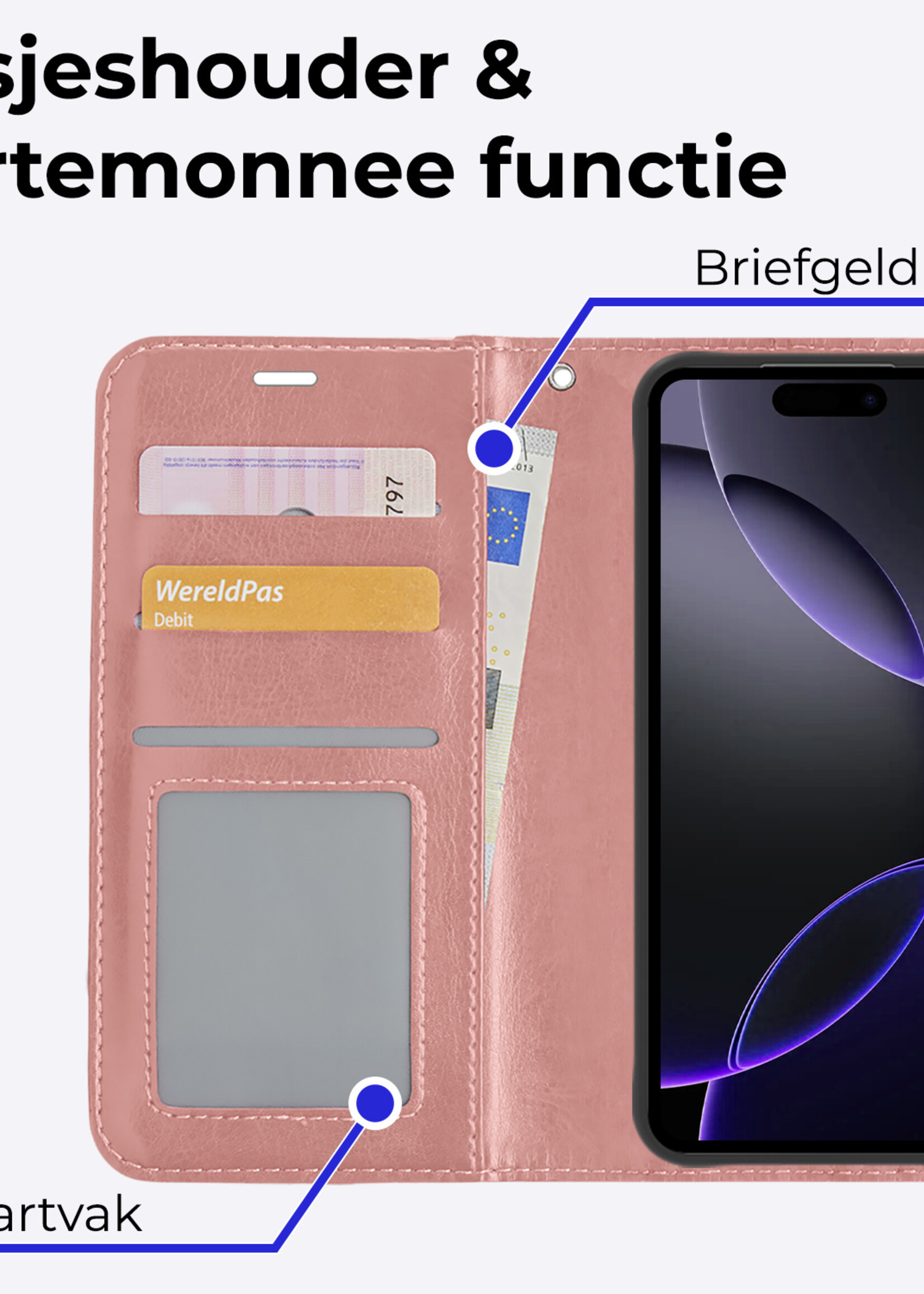 BTH Hoesje Geschikt voor iPhone 16 Pro Hoesje Book Case Hoes Portemonnee Cover Walletcase Met 2x Screenprotector - Hoes Geschikt voor iPhone 16 Pro Hoes Bookcase Hoesje - Rosé goud