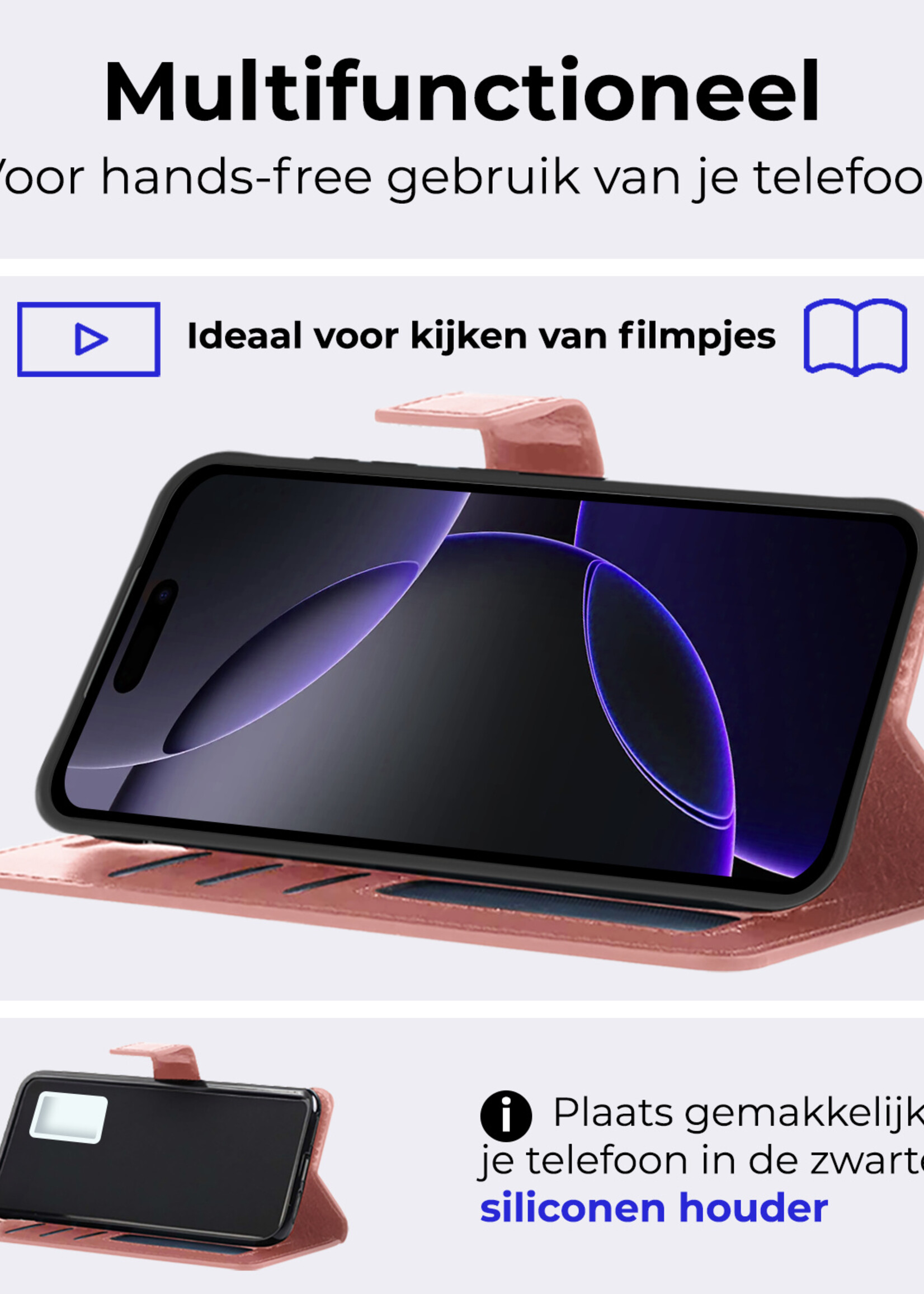 BTH Hoesje Geschikt voor iPhone 16 Pro Hoesje Book Case Hoes Portemonnee Cover Walletcase Met 2x Screenprotector - Hoes Geschikt voor iPhone 16 Pro Hoes Bookcase Hoesje - Rosé goud
