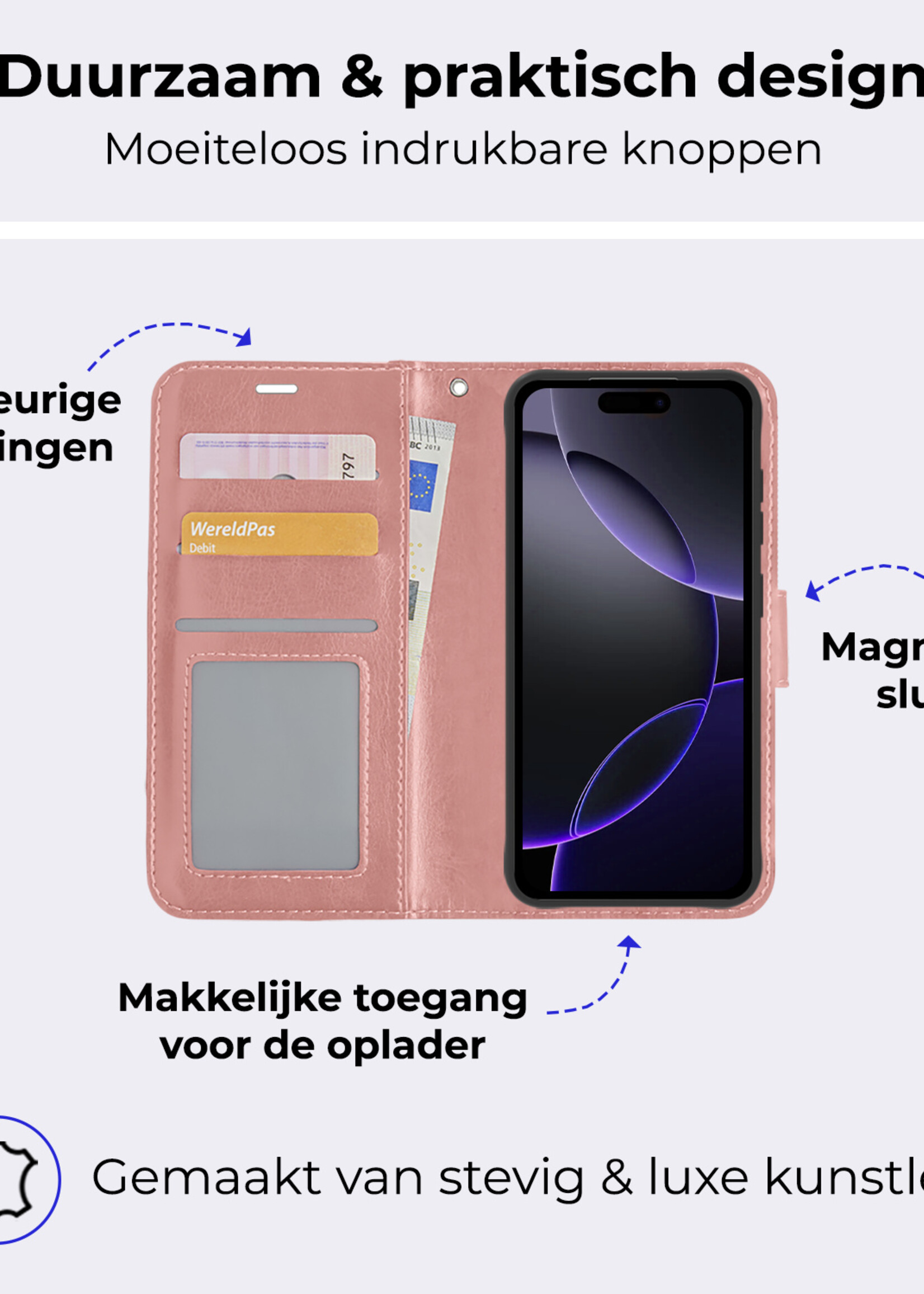 BTH Hoesje Geschikt voor iPhone 16 Pro Hoesje Book Case Hoes Portemonnee Cover Walletcase Met 2x Screenprotector - Hoes Geschikt voor iPhone 16 Pro Hoes Bookcase Hoesje - Rosé goud