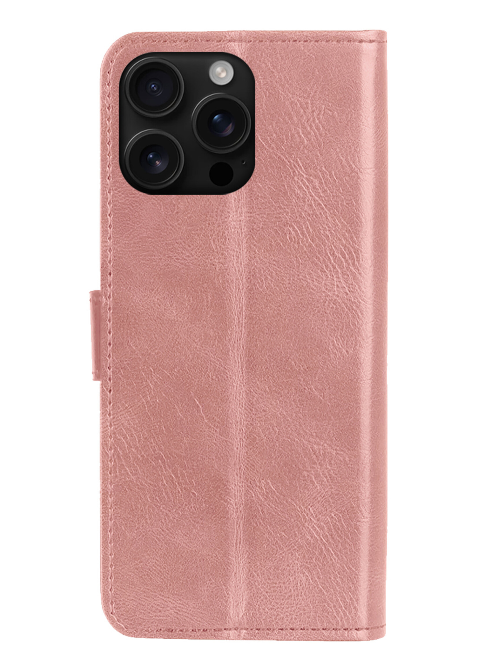 BTH Hoesje Geschikt voor iPhone 16 Pro Hoesje Book Case Hoes Portemonnee Cover Walletcase Met 2x Screenprotector - Hoes Geschikt voor iPhone 16 Pro Hoes Bookcase Hoesje - Rosé goud