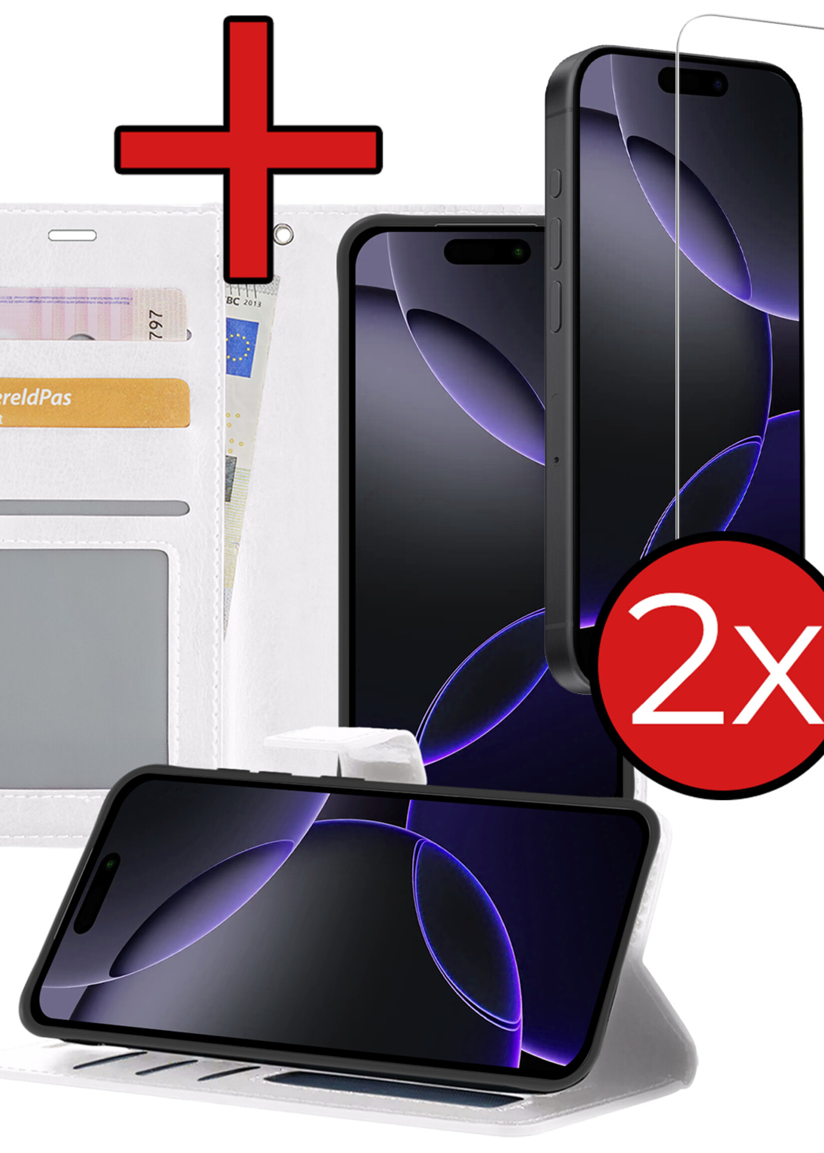 BTH Hoesje Geschikt voor iPhone 16 Pro Hoesje Book Case Hoes Portemonnee Cover Walletcase Met 2x Screenprotector - Hoes Geschikt voor iPhone 16 Pro Hoes Bookcase Hoesje - Wit