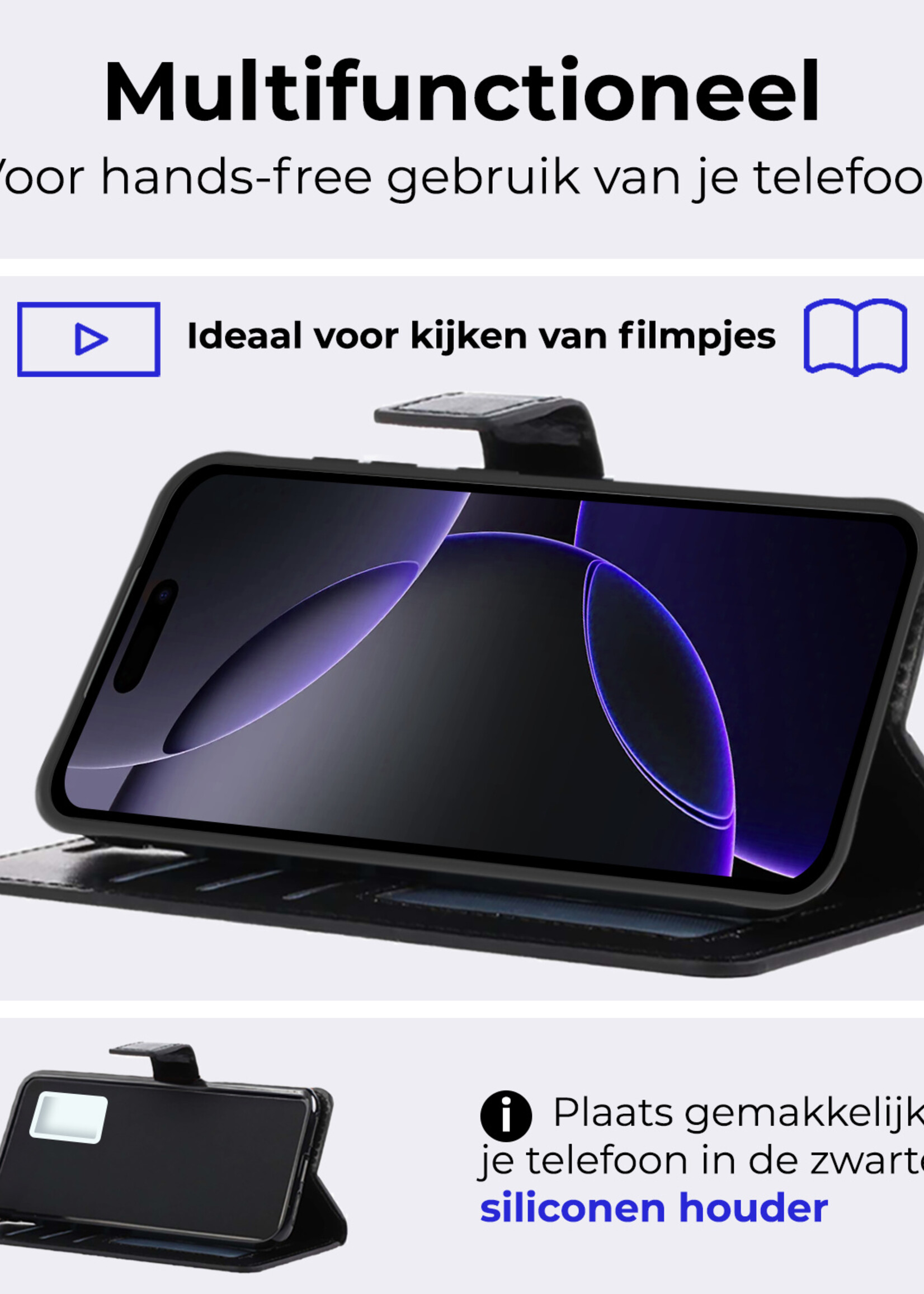 BTH Hoesje Geschikt voor iPhone 16 Pro Hoesje Book Case Hoes Portemonnee Cover Walletcase Met 2x Screenprotector - Hoes Geschikt voor iPhone 16 Pro Hoes Bookcase Hoesje - Zwart