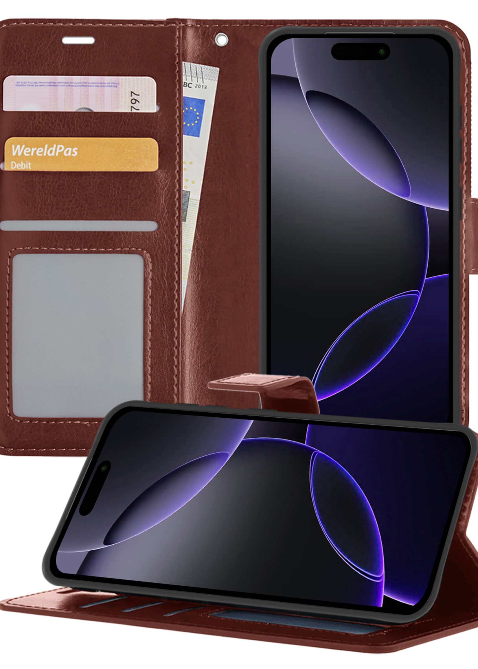 BTH Hoesje Geschikt voor iPhone 16 Pro Max Hoesje Book Case Hoes Portemonnee Cover Walletcase - Hoes Geschikt voor iPhone 16 Pro Max Hoes Bookcase Hoesje - Bruin