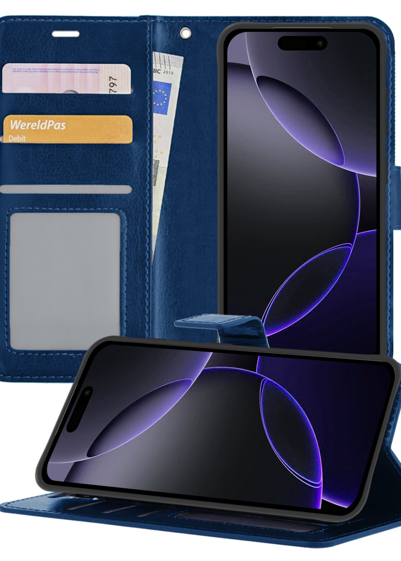 BTH Hoesje Geschikt voor iPhone 16 Pro Max Hoesje Book Case Hoes Portemonnee Cover Walletcase - Hoes Geschikt voor iPhone 16 Pro Max Hoes Bookcase Hoesje - Donkerblauw