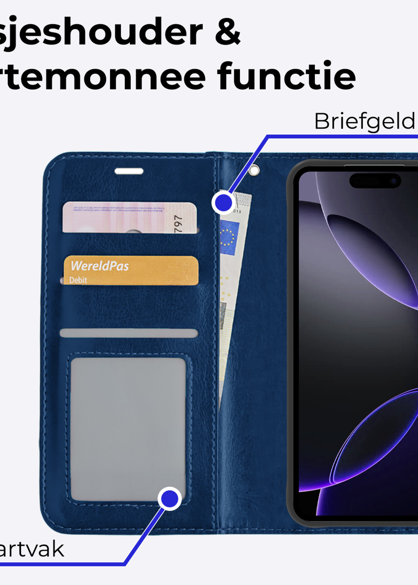 BTH Hoesje Geschikt voor iPhone 16 Pro Max Hoesje Book Case Hoes Portemonnee Cover Walletcase - Hoes Geschikt voor iPhone 16 Pro Max Hoes Bookcase Hoesje - Donkerblauw