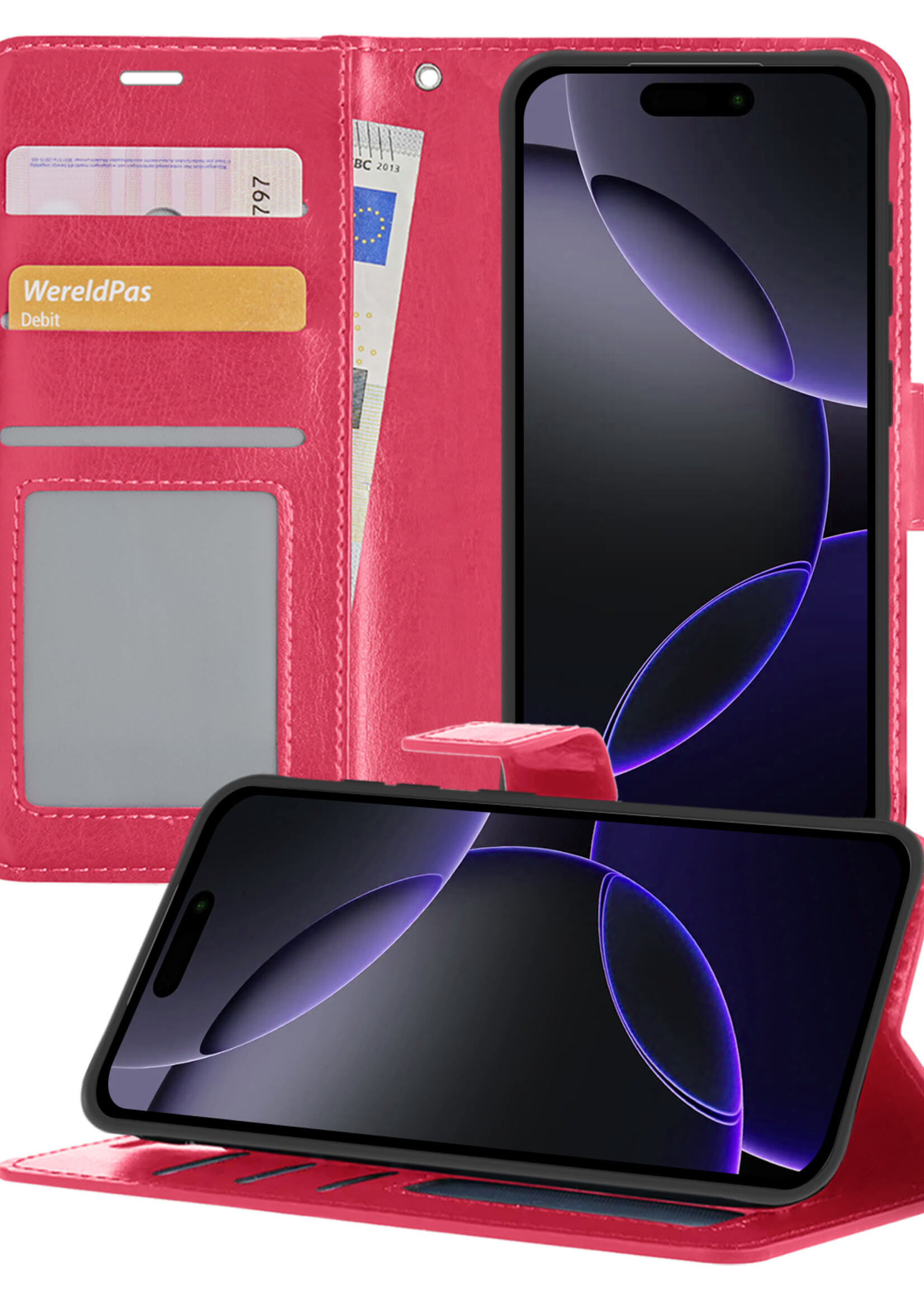 BTH Hoesje Geschikt voor iPhone 16 Pro Max Hoesje Book Case Hoes Portemonnee Cover Walletcase - Hoes Geschikt voor iPhone 16 Pro Max Hoes Bookcase Hoesje - Donkerroze