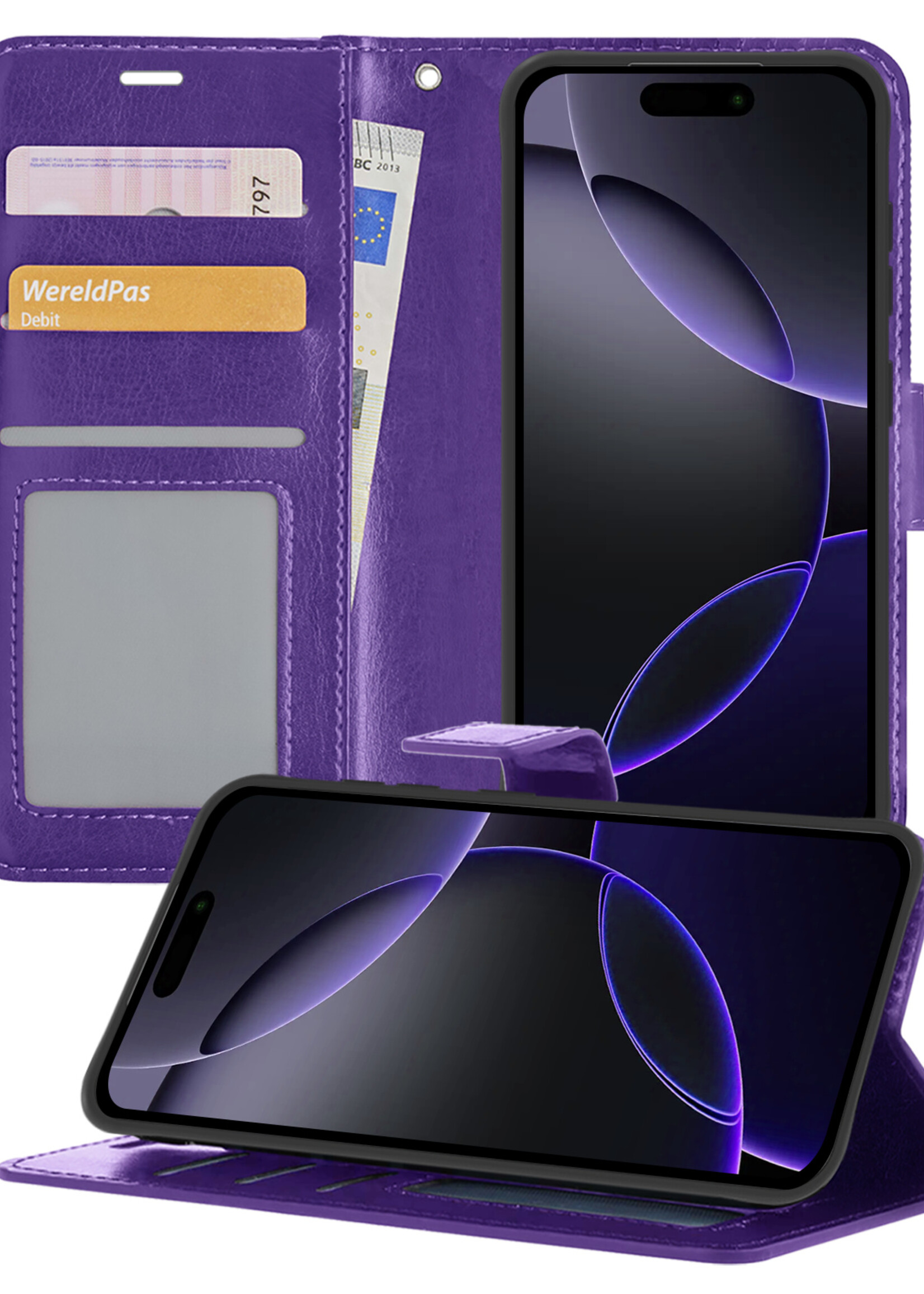 BTH Hoesje Geschikt voor iPhone 16 Pro Max Hoesje Book Case Hoes Portemonnee Cover Walletcase - Hoes Geschikt voor iPhone 16 Pro Max Hoes Bookcase Hoesje - Paars