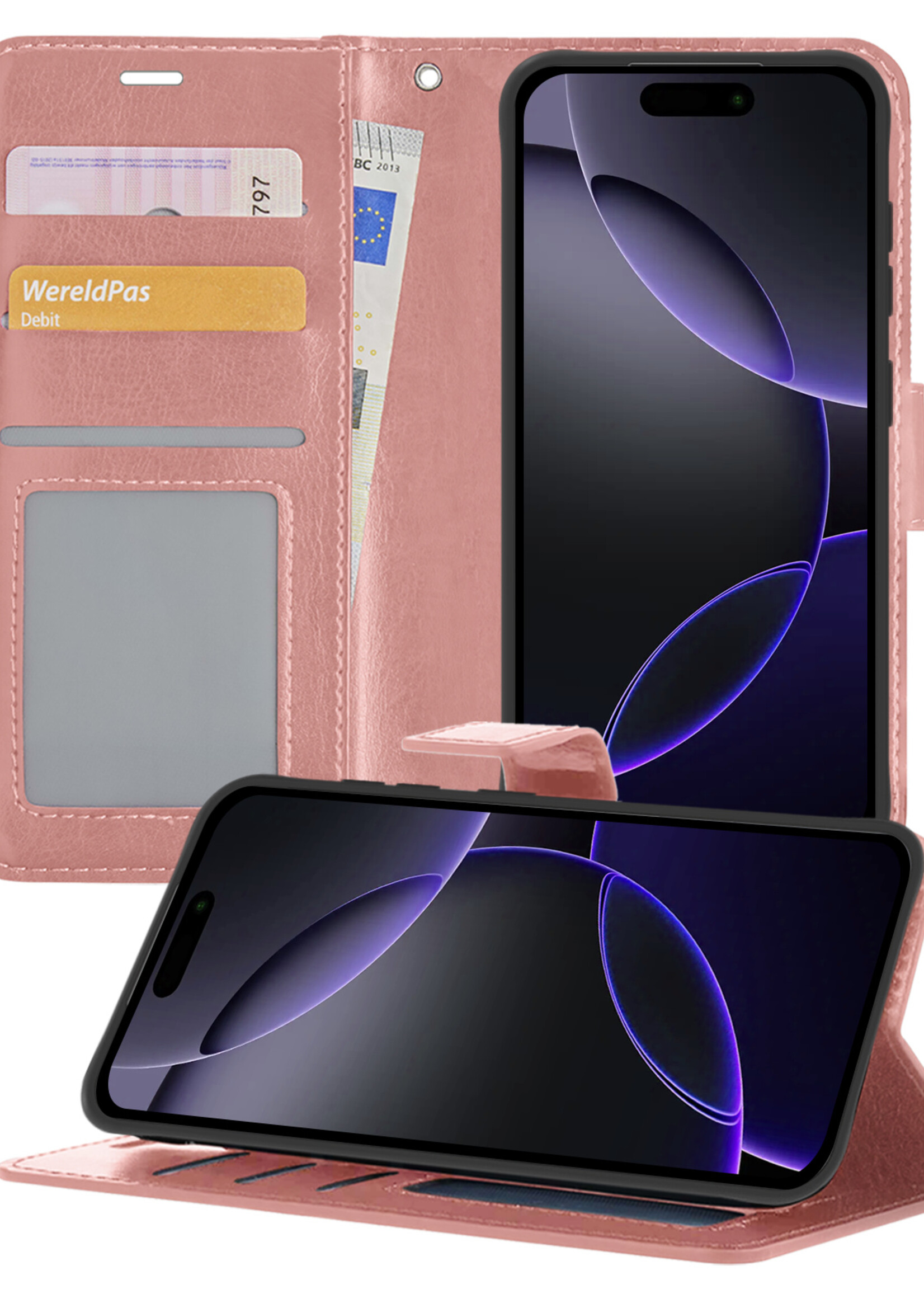 BTH Hoesje Geschikt voor iPhone 16 Pro Max Hoesje Book Case Hoes Portemonnee Cover Walletcase - Hoes Geschikt voor iPhone 16 Pro Max Hoes Bookcase Hoesje - Rosé goud