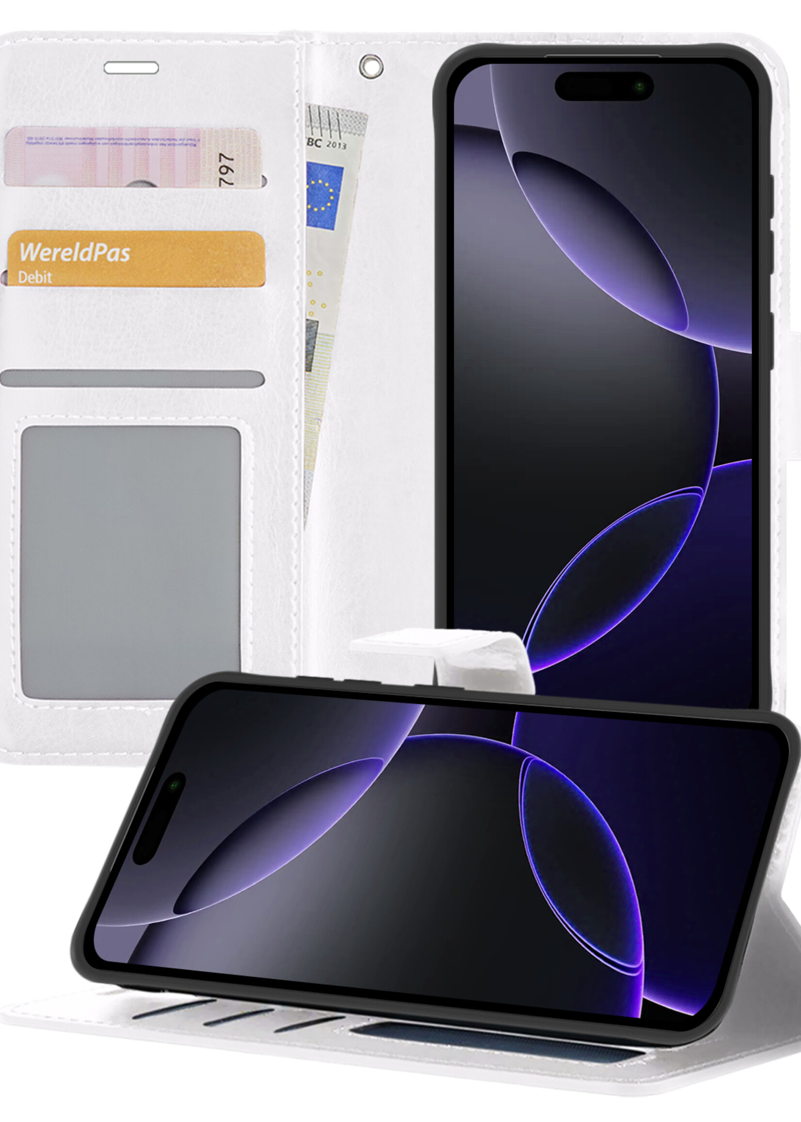 BTH Hoesje Geschikt voor iPhone 16 Pro Max Hoesje Book Case Hoes Portemonnee Cover Walletcase - Hoes Geschikt voor iPhone 16 Pro Max Hoes Bookcase Hoesje - Wit