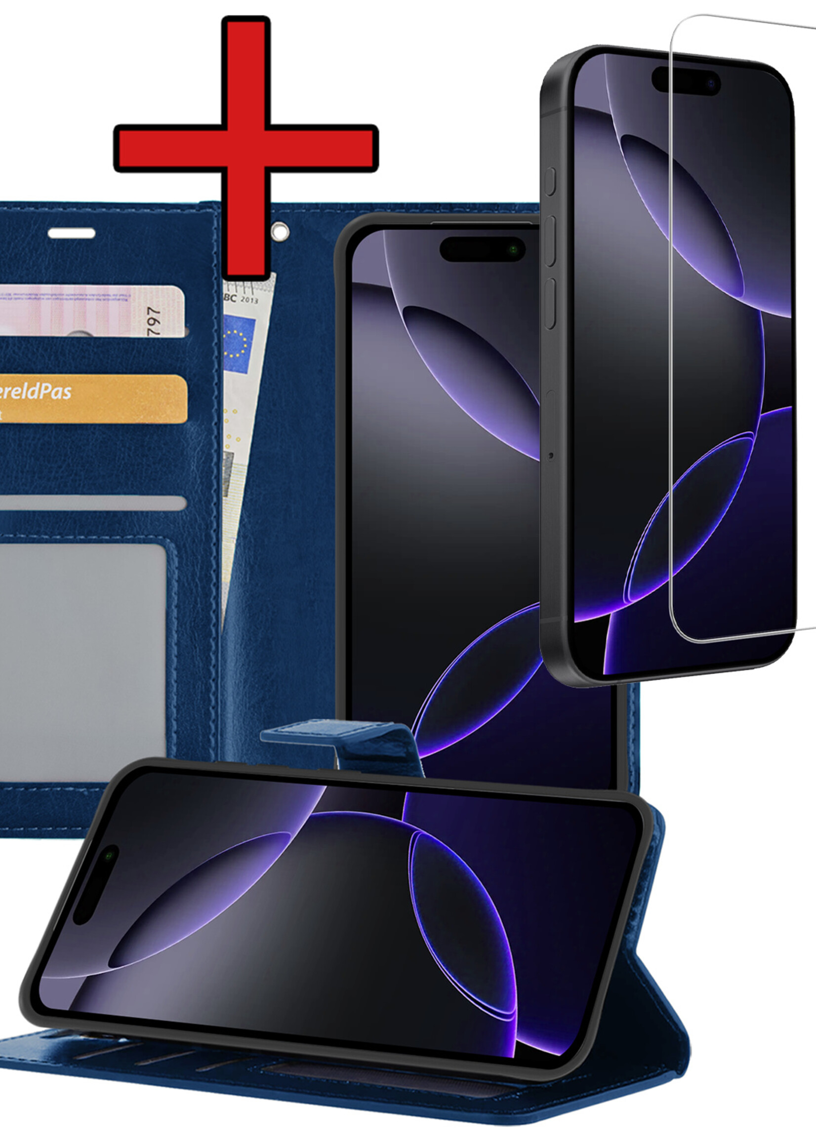 BTH Hoesje Geschikt voor iPhone 16 Pro Max Hoesje Book Case Hoes Portemonnee Cover Walletcase Met Screenprotector - Hoes Geschikt voor iPhone 16 Pro Max Hoes Bookcase Hoesje - Donkerblauw