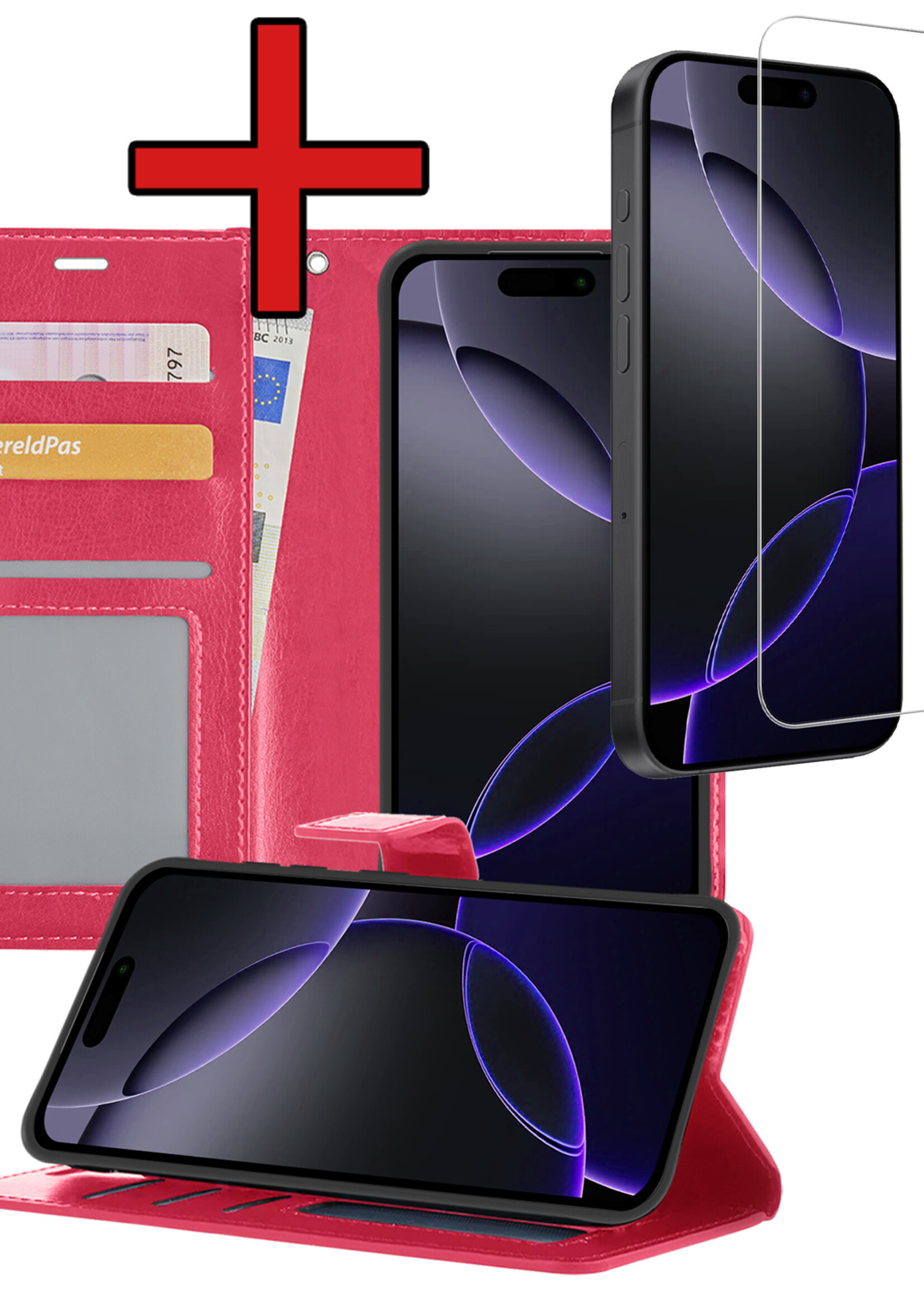 BTH Hoesje Geschikt voor iPhone 16 Pro Max Hoesje Book Case Hoes Portemonnee Cover Walletcase Met Screenprotector - Hoes Geschikt voor iPhone 16 Pro Max Hoes Bookcase Hoesje - Donkerroze