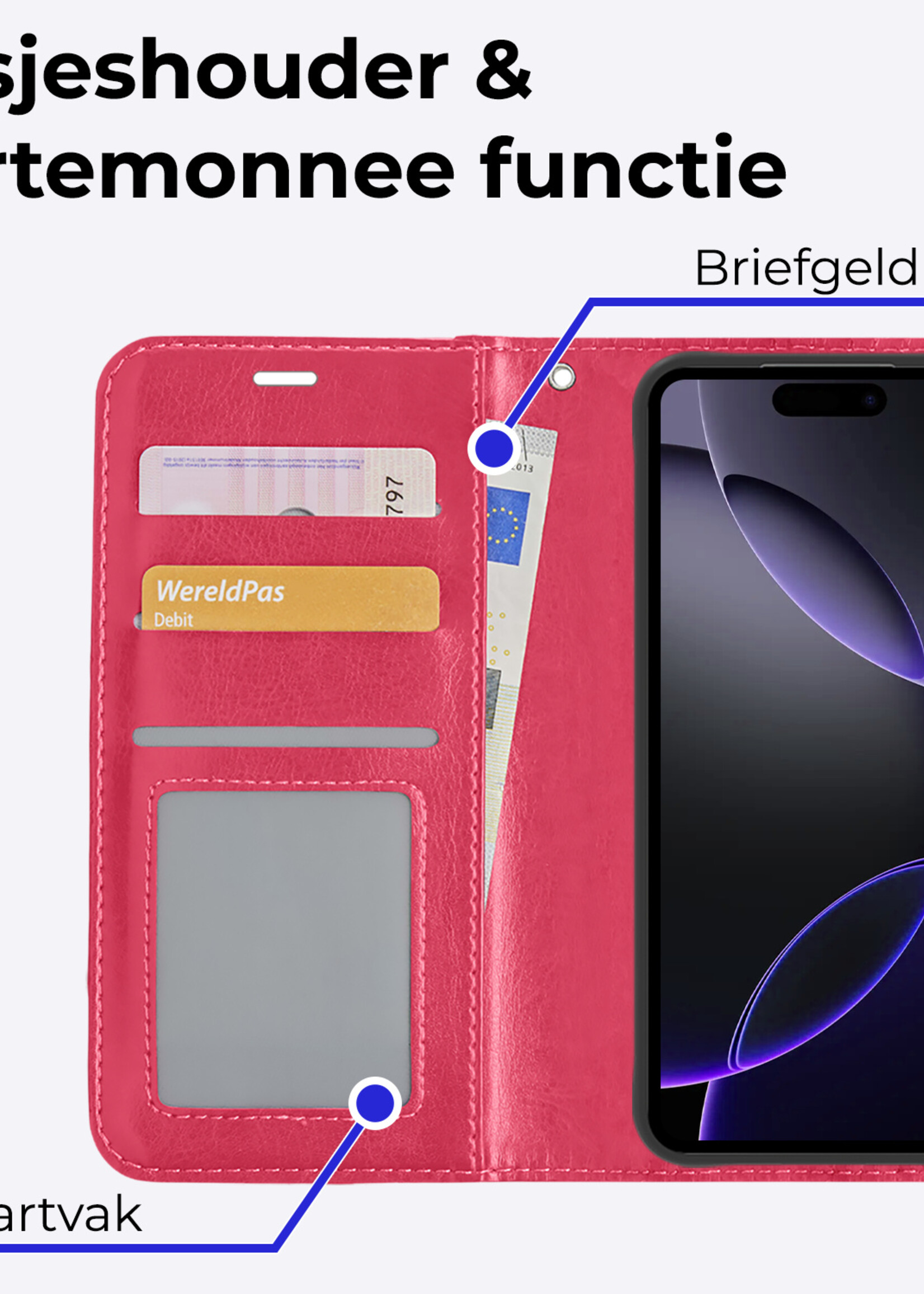 BTH Hoesje Geschikt voor iPhone 16 Pro Max Hoesje Book Case Hoes Portemonnee Cover Walletcase Met Screenprotector - Hoes Geschikt voor iPhone 16 Pro Max Hoes Bookcase Hoesje - Donkerroze