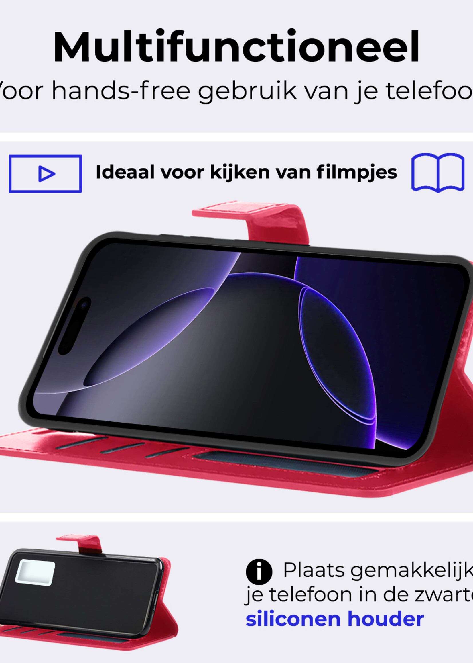 BTH Hoesje Geschikt voor iPhone 16 Pro Max Hoesje Book Case Hoes Portemonnee Cover Walletcase Met Screenprotector - Hoes Geschikt voor iPhone 16 Pro Max Hoes Bookcase Hoesje - Donkerroze