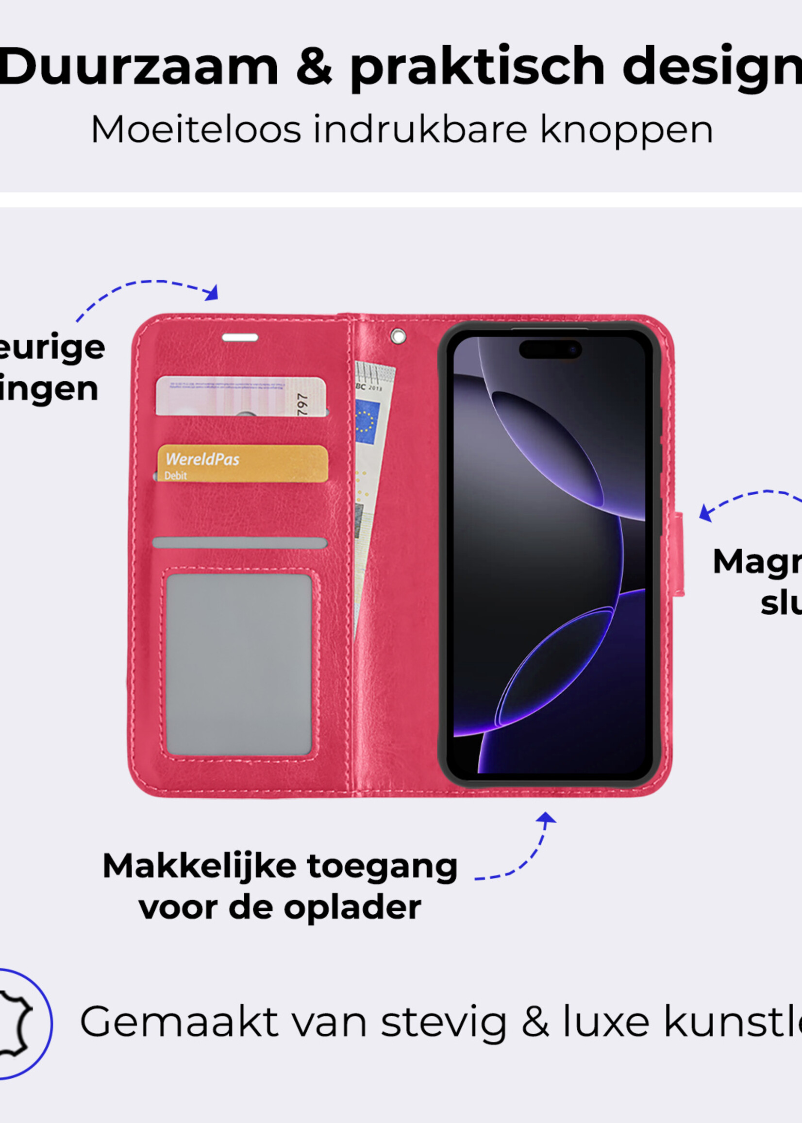BTH Hoesje Geschikt voor iPhone 16 Pro Max Hoesje Book Case Hoes Portemonnee Cover Walletcase Met Screenprotector - Hoes Geschikt voor iPhone 16 Pro Max Hoes Bookcase Hoesje - Donkerroze