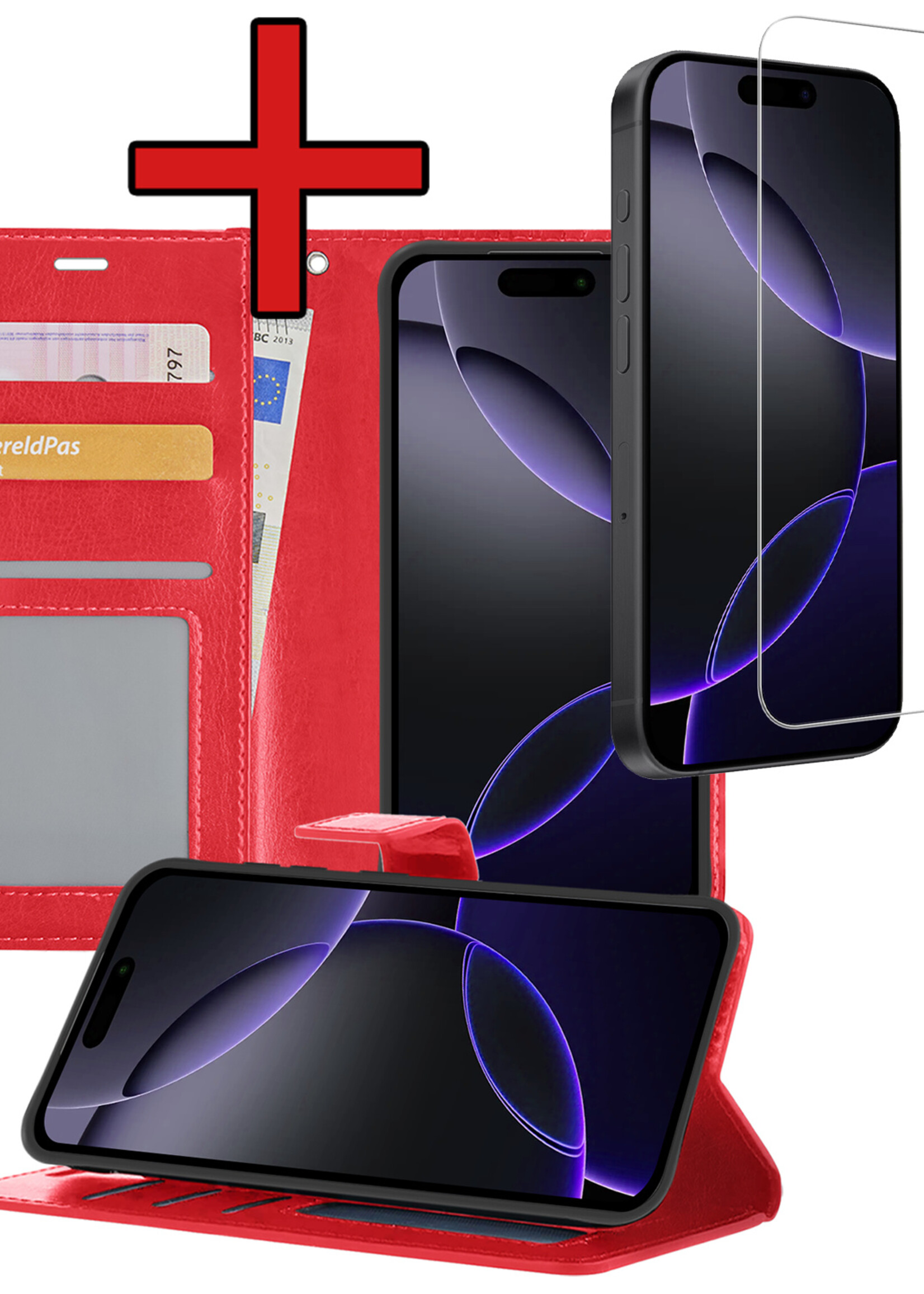 BTH Hoesje Geschikt voor iPhone 16 Pro Max Hoesje Book Case Hoes Portemonnee Cover Walletcase Met Screenprotector - Hoes Geschikt voor iPhone 16 Pro Max Hoes Bookcase Hoesje - Rood