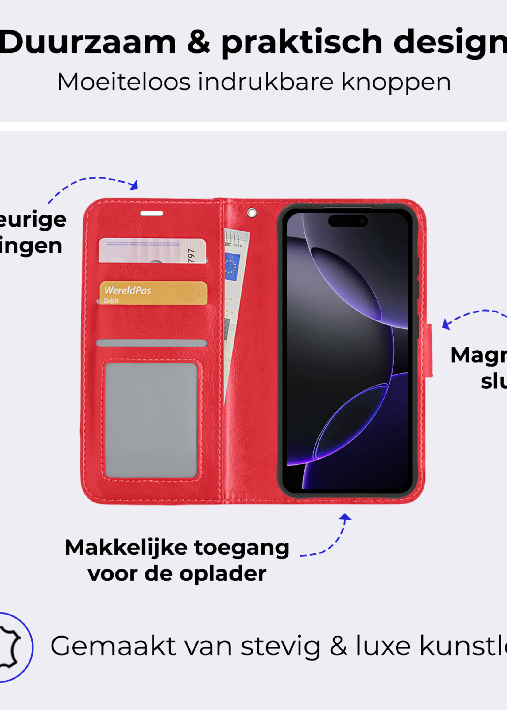 BTH Hoesje Geschikt voor iPhone 16 Pro Max Hoesje Book Case Hoes Portemonnee Cover Walletcase Met Screenprotector - Hoes Geschikt voor iPhone 16 Pro Max Hoes Bookcase Hoesje - Rood