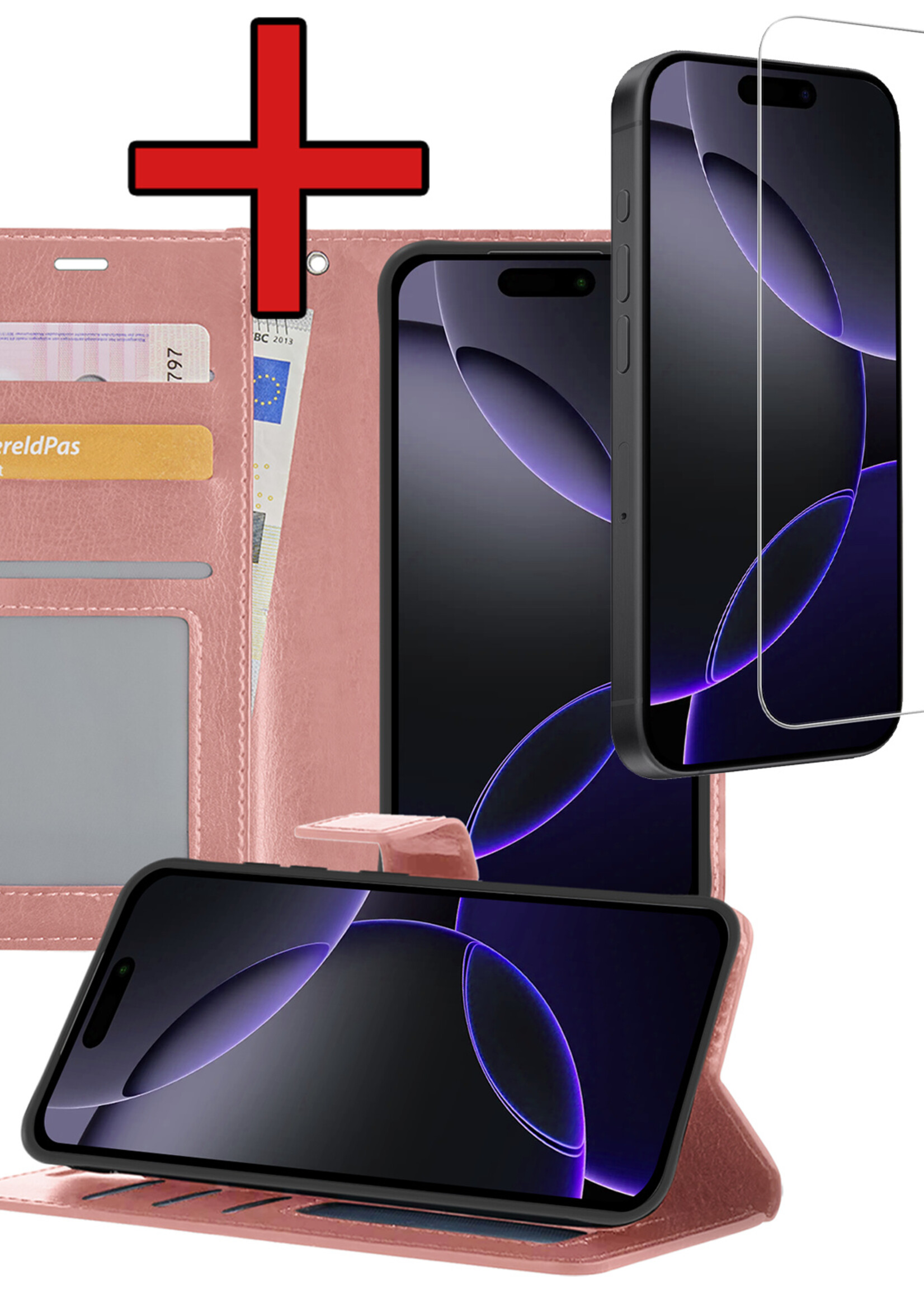 BTH Hoesje Geschikt voor iPhone 16 Pro Max Hoesje Book Case Hoes Portemonnee Cover Walletcase Met Screenprotector - Hoes Geschikt voor iPhone 16 Pro Max Hoes Bookcase Hoesje - Rosé goud